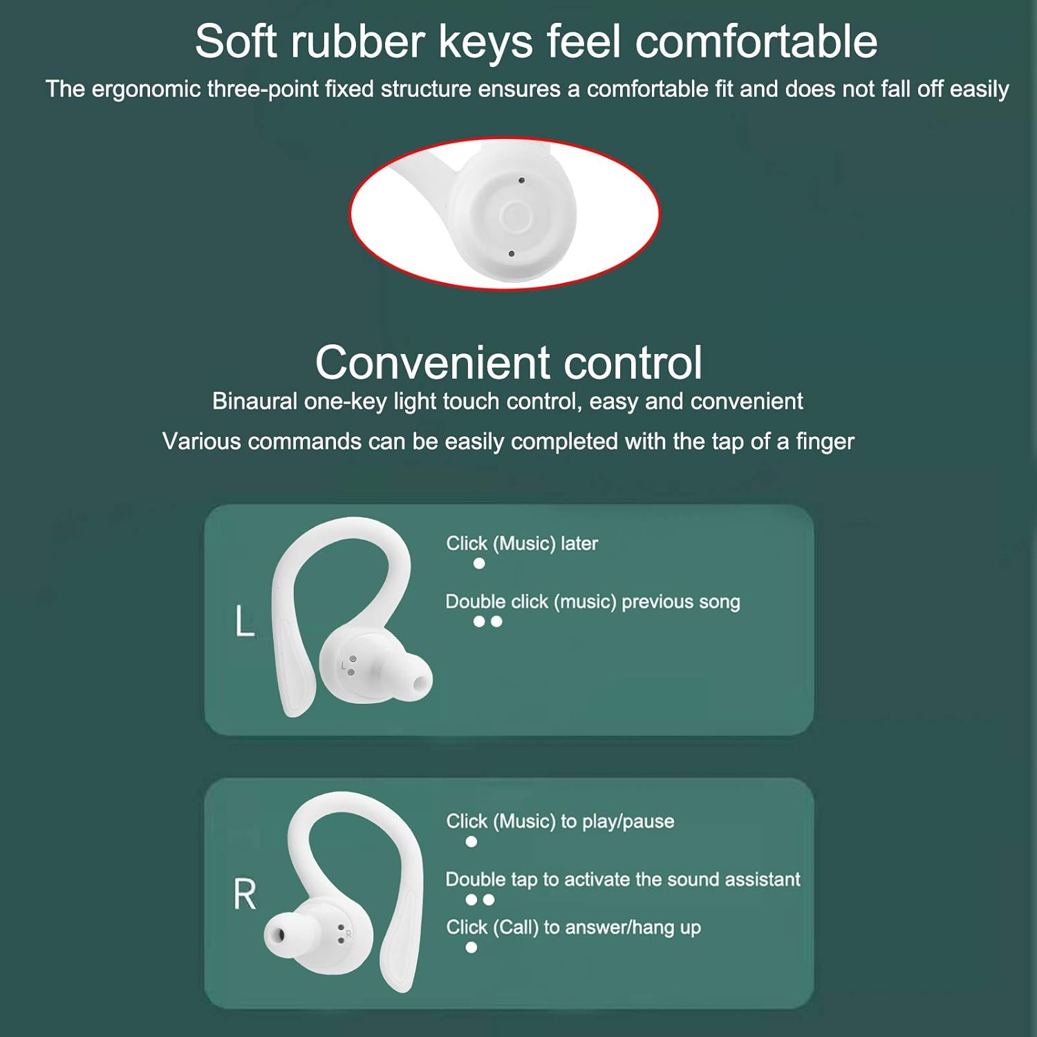 Zunate MS-T20 Bluetooth Ear Hooks Earphone, Sports Headset Earbuds with Charging Box, USB C Silicone Ear Hooks, 7 Hours Playback, Touch Control for Sound Assistant(White)