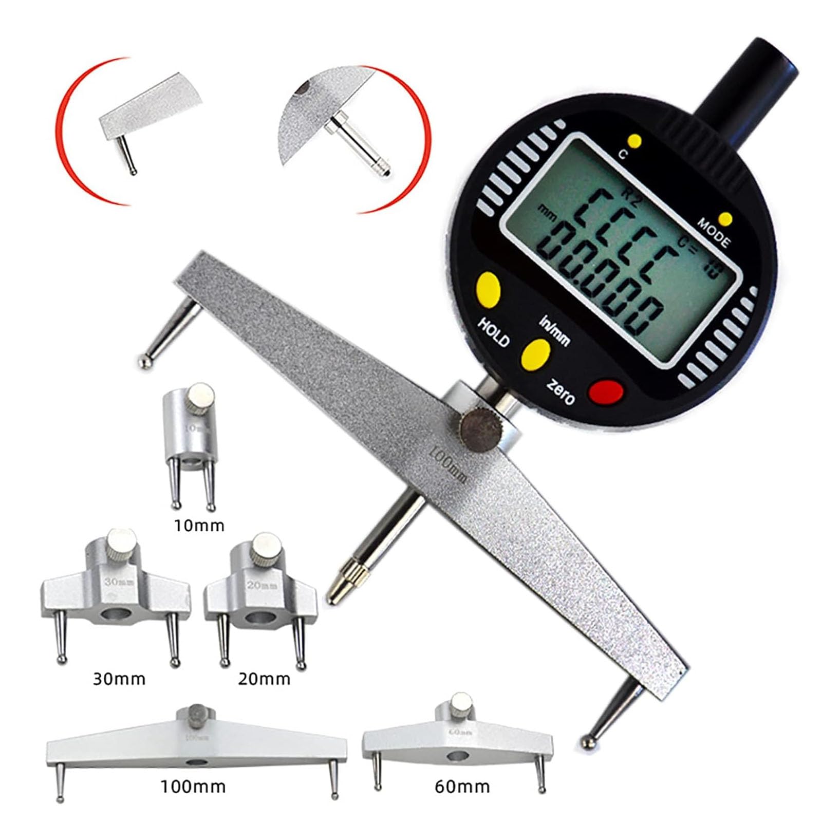 Calibrador Digital de radios Interiores y Exteriores, Calibre Digital de Gran Radio, con mordazas de 10 mm/20 mm/30 mm/60 mm/100 mm, para moldes de Madera