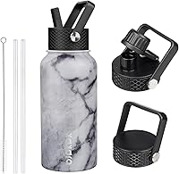 Vista 14 de BJPKPK - Botellas de agua aisladas con tapa con popote, botella grande de metal de 32 onzas con 3 tapas, termo reutilizable sin fugas y sin BPA