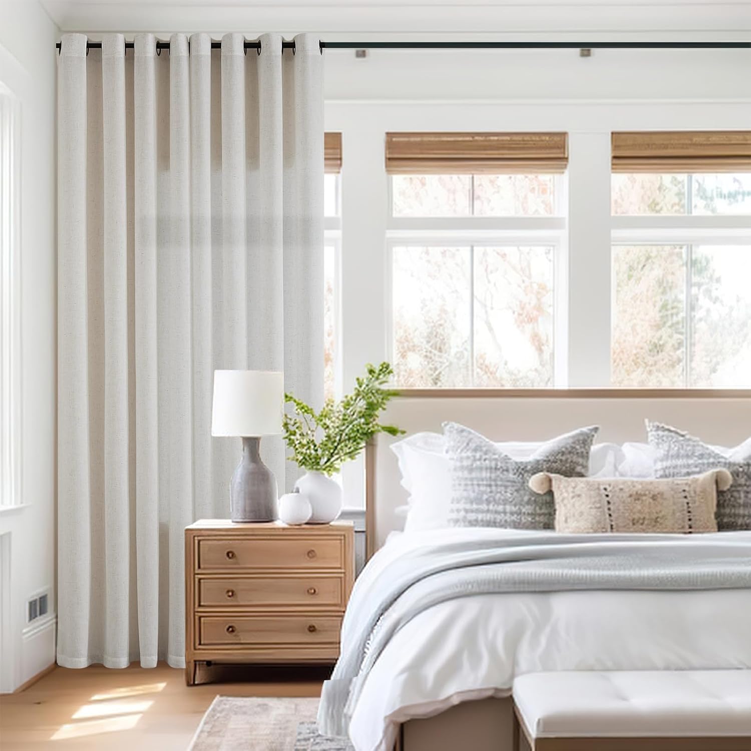 Extra Wide 100 Inch Linen Curtains 84 Inches Long for Living Room Divider Light Filtering Semi Sheer Patio Curtains for Sliding Door Grommet Natural Floor to Ceiling Window Curtain Panels 100" Wide