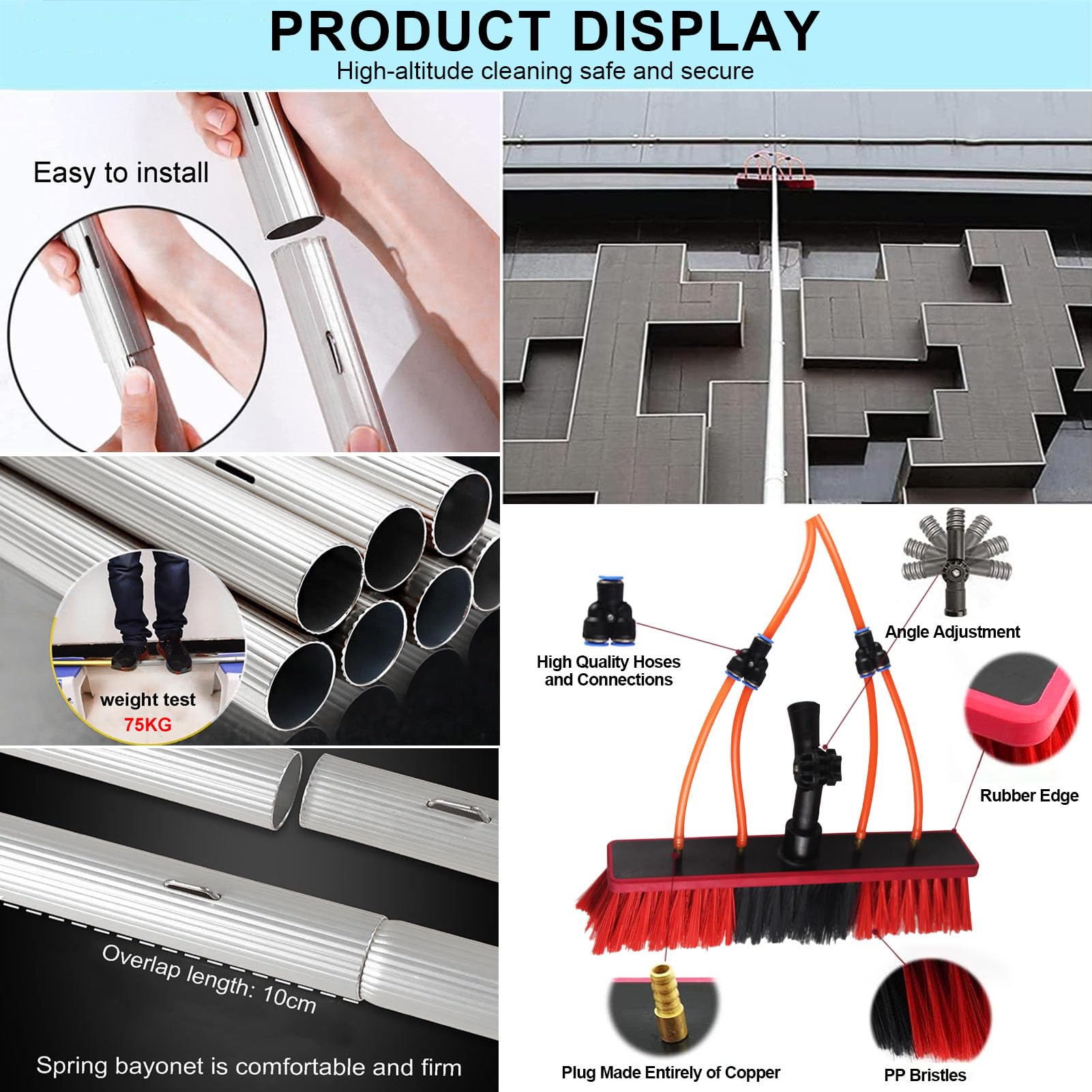 Kit de Limpieza de Ventanas con Suministro de Agua, Extensible de 3 a 12 m - Cepillo y pértiga de Gran Alcance para techos, Ventanas, Coches y Suelos - Cepillo de 35 cm Ideal para
