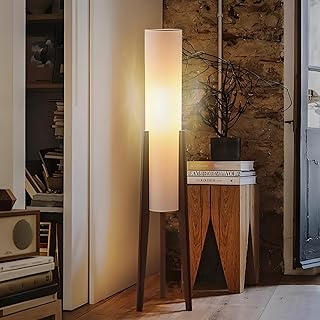Bofea-Farmhouse Floor Lamp for Living Room & Bedroom,Walnut Wood Vintage Standings Lamp with Foot Switch, 3 Color White Fabric Tall Lamp,Decorative Tower Shade Lamp for Hotel Cafe Study
