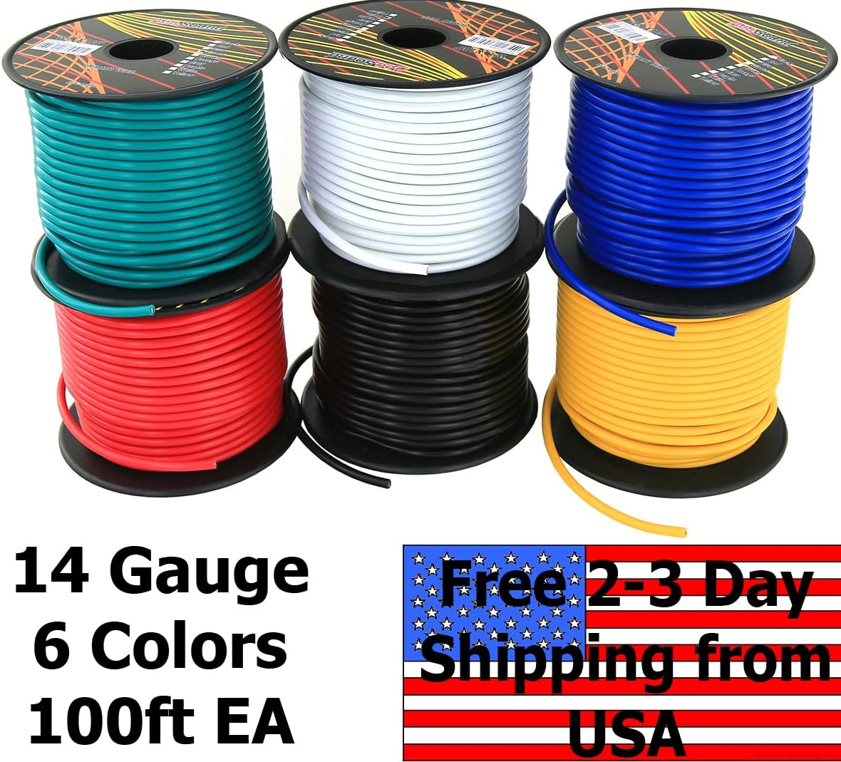 14 Gauge Flexible Copper Clad Aluminum Low Voltage Primary Wire 6 Color Set, 100ft roll (600 ft Total) for 12 Volt Automotive Trailer Harness Car Audio Video Wiring : Electronics