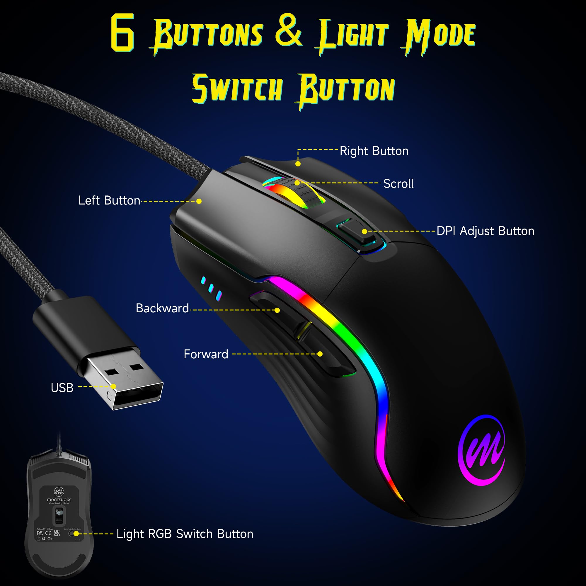 memzuoix Mouse Gaming con Cavo e Luci LED – 12.800 DPI Regolabili, 6 Pulsanti, 12 Modalità RGB, Rotella Ergonomica Antiscivolo – Compatibile con Windows/Mac