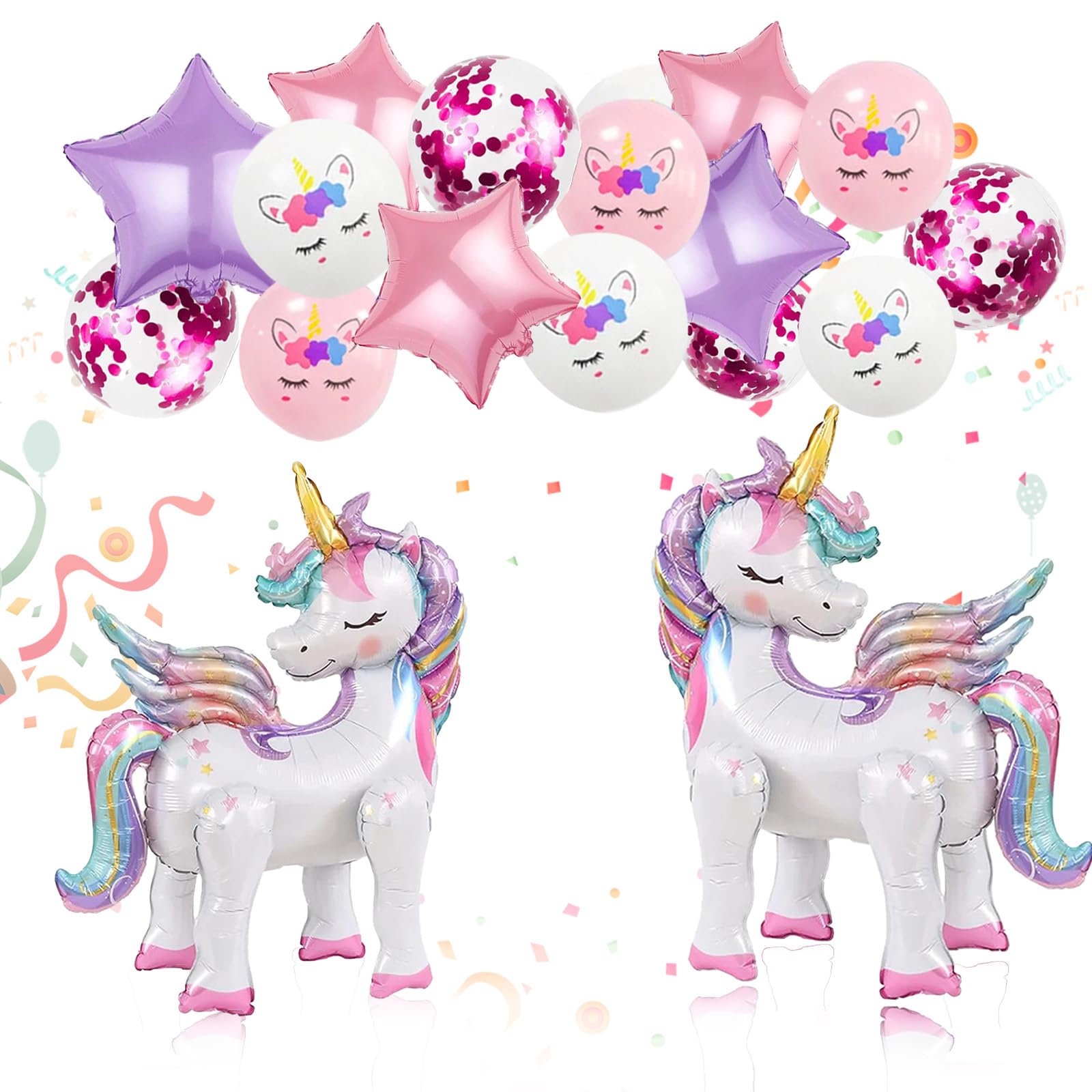 16 Pcs Unicorn Balloons Kit for Birthday Party Decorations - 2 Self Standing 3D Foil Unicorns, 4 Stars & 10 Printed Latex with Tying Tool (No Helium