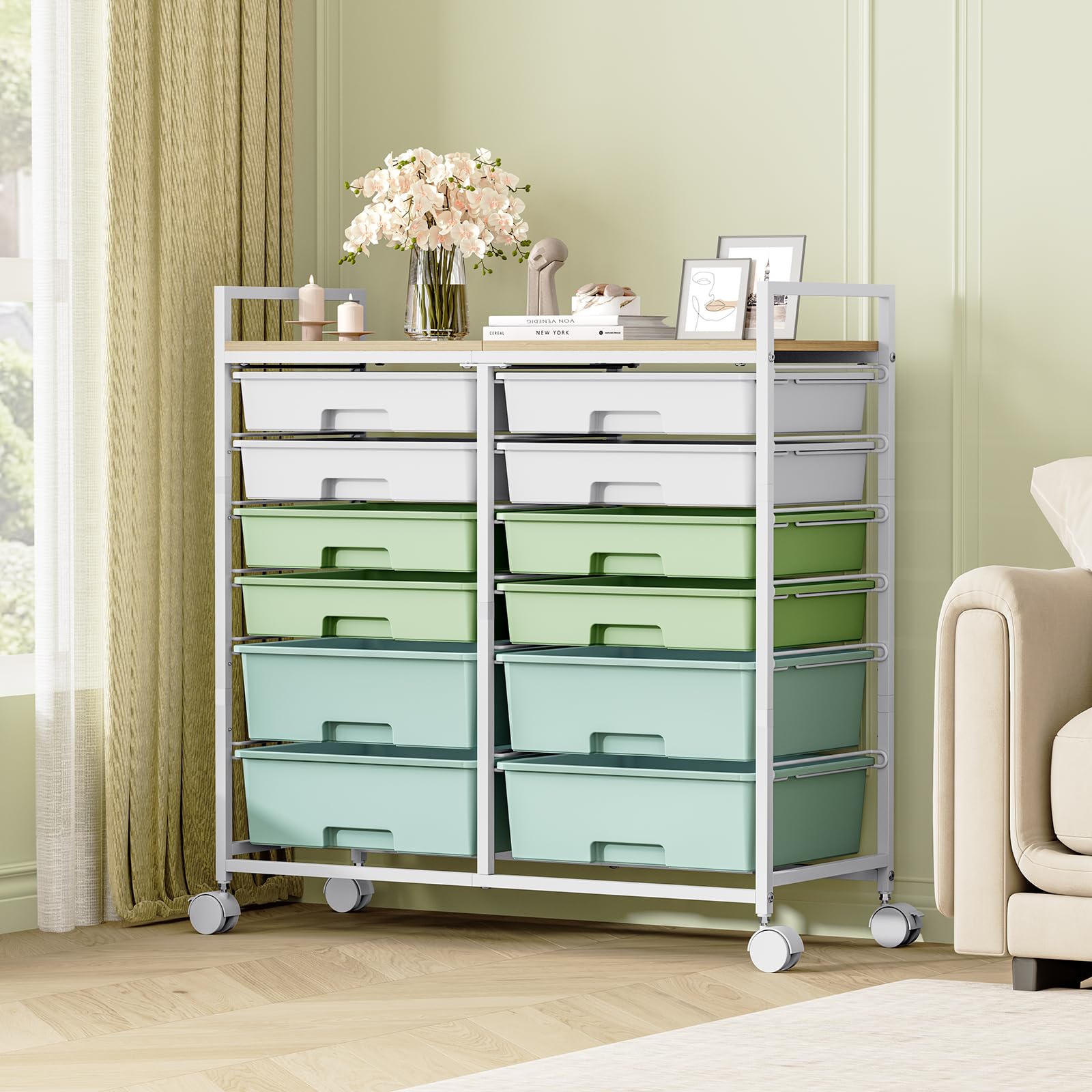 Chariot à 12 tiroirs SYKIARIOL - Rollcontainer - Chariot de rangement pour salle de bain - Chariot polyvalent pour loisirs créatifs, chariot à outils et chariot de rangement avec plan de travail
