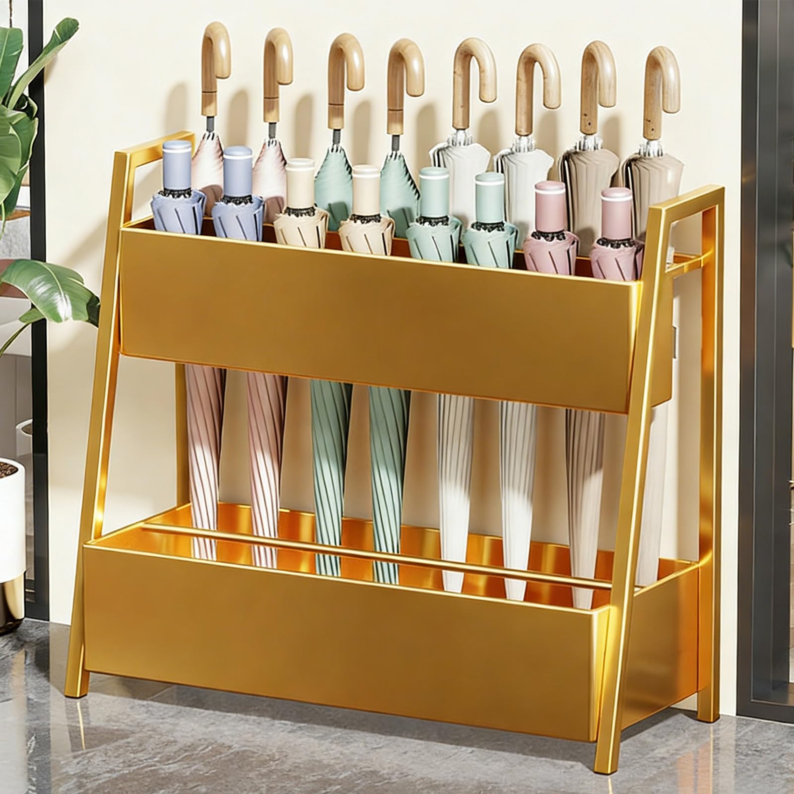 BHFPFZA Commercial Umbrella Stand, Carbon Steel Umbrella Holder, Freestanding Entryway Storage for Hotel Lobby, No Assembly Required (Gold, 68x25x60cm)