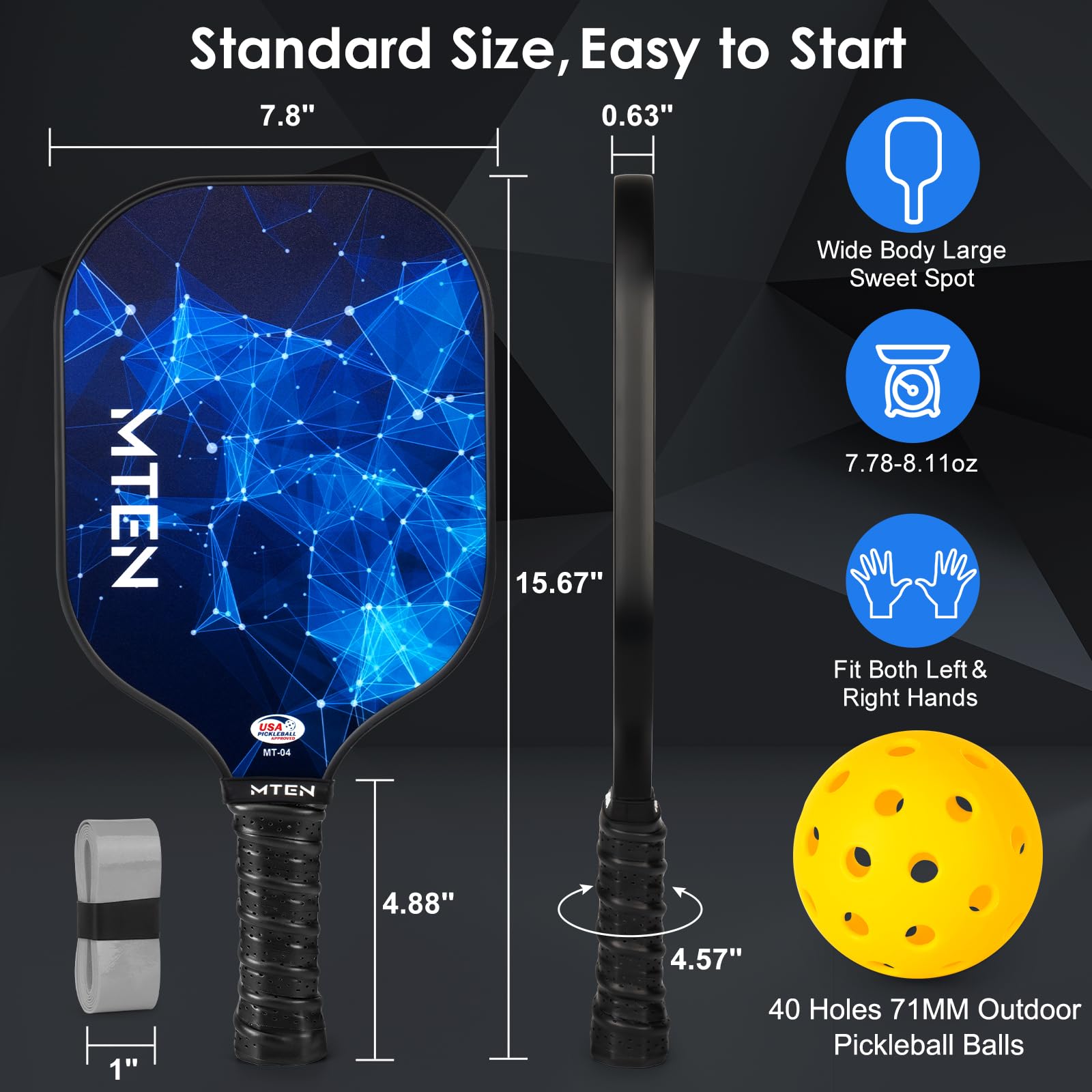 MTEN Pickleball Paddles Set of 2, USAPA Approved Fiberglass Surface Pickleball Set with 2 Pickleball Rackets, Pickle Ball Paddle Set ​for Beginners & Pros