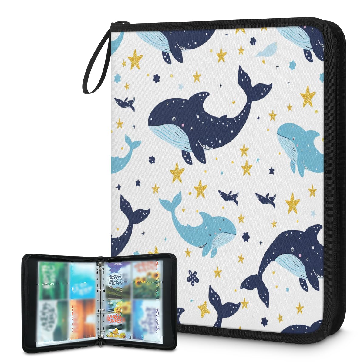 Raccoglitore per carte collezionabili con 4 tasche, 400 tasche, custodia per carte fronte/retro con maniche rimovibili, simpatico cartone animato, delfino, balena, oceano, creature, set di protezioni