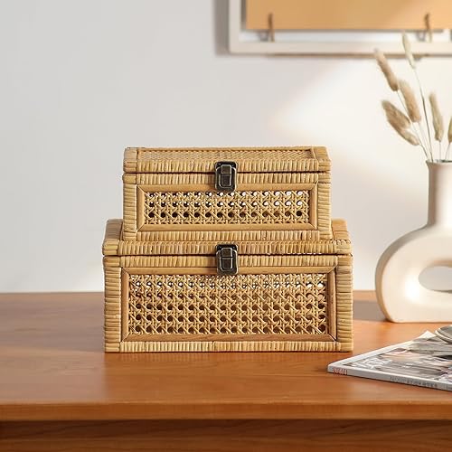 Miniatura 6 de Caja decorativa de ratán, cajas de exhibición bohemias con tapas, juego de 2 cestas de almacenamiento de mimbre rectangulares, contenedores de caña