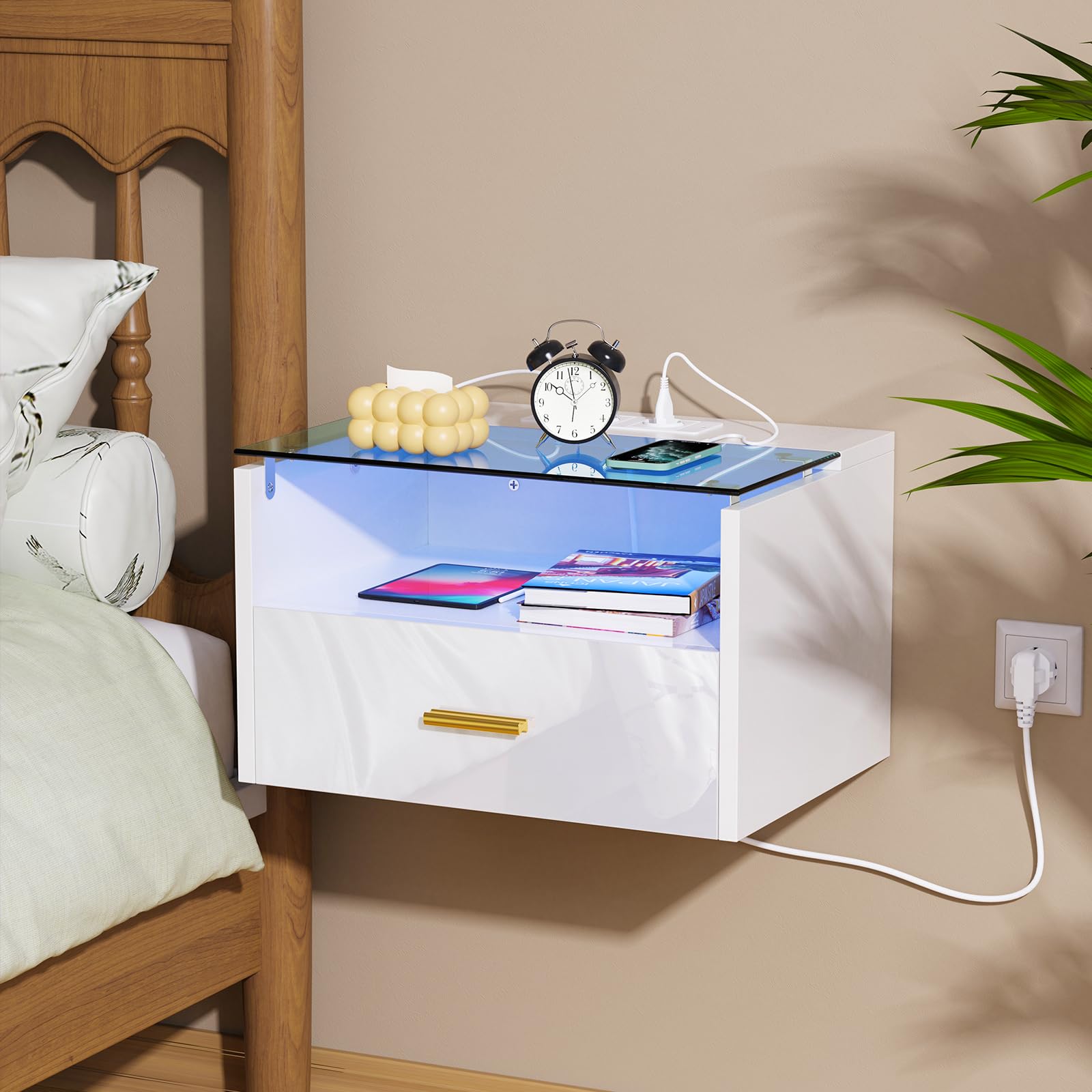 Table de Chevet Suspendue Murale Avec Bande LED, Connectée Avec 2 Prises et 2 Ports USB, Tiroir, 42x30x24,5 cm, Blanc