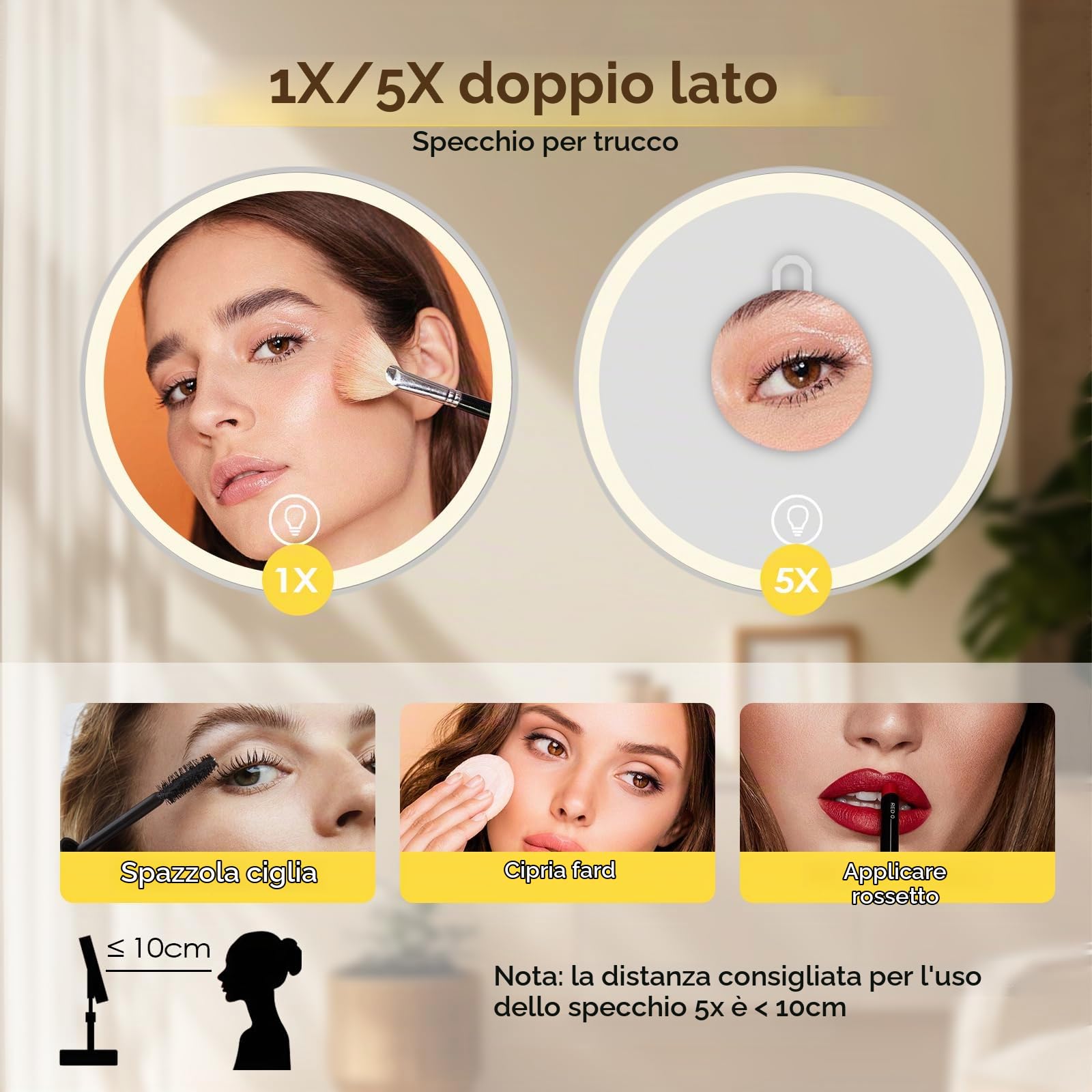 Cuteefun Specchio Trucco con Luci, Specchio Ingranditore Magnetico 5X con Cassetto, 3 Colori di Luce, Touch Screen Dimmerabile, USB Ricaricabile, Ideale per Camera da Letto, Tavolo di Vanità, Bianco