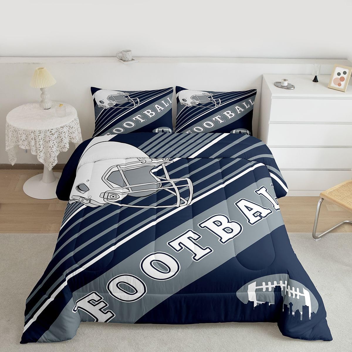 Erosebridal 3Pcs Gridiron Bedding Comforter Sets, Bedding King Size, Sports Duvet Set, White Navy Blue Striped Comforter Set Bedroom Decor for Men Husband Boyfriend Teenage Boys