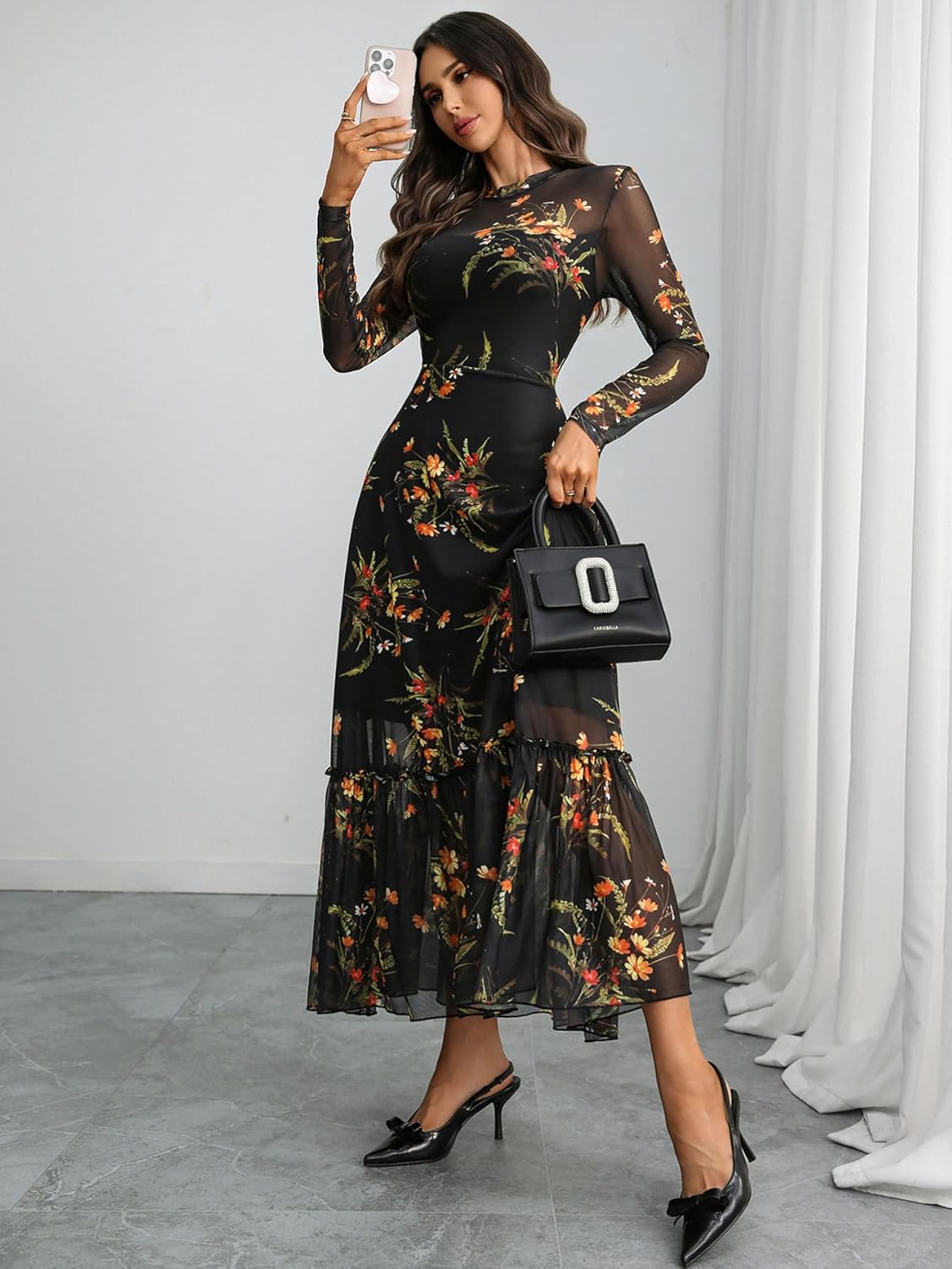 GothDark Womens Floral Mesh Dress Long Sleeve Round Neck A Line Gothic Vintage Casual Wedding Guest Maxi Dresses - Image 5