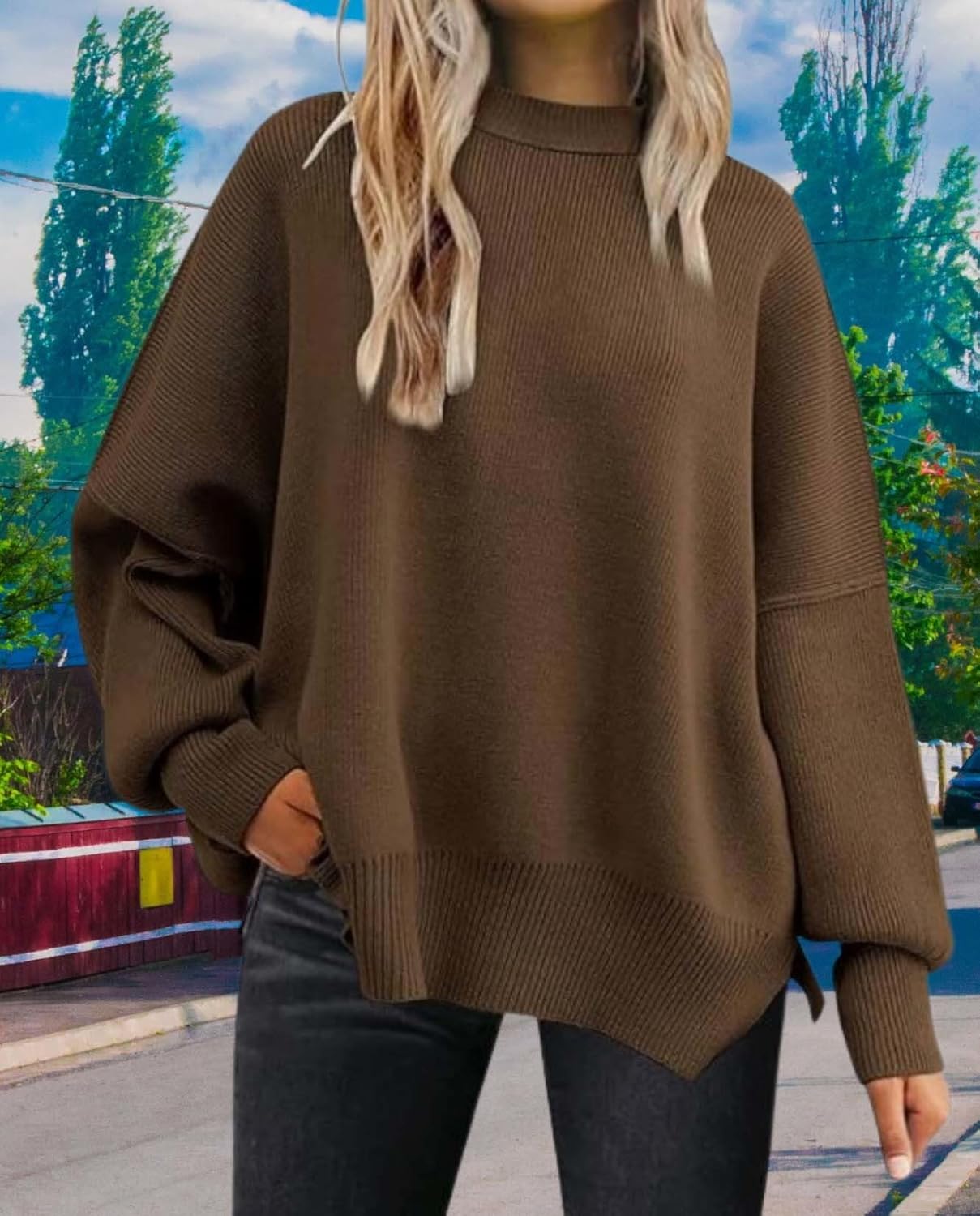 2025 Fall Womens Oversized Batwing Sweater Fashion Crew Neck Knit Side Slit Cozy Fall and Winter Pullover Sweater - Image 5