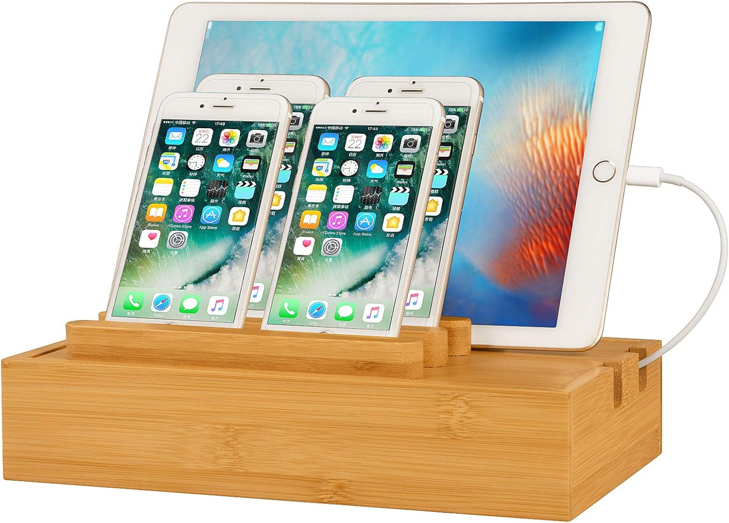 Amazon Joocii 進化版 5台同時充電スタンド 竹製卓上充電ステーション スマホ充電 配線収納スタンド式 木目 Mac Book Ipad Iphone Xperia Kindle等適用 Medium Joocii クレードル ドック