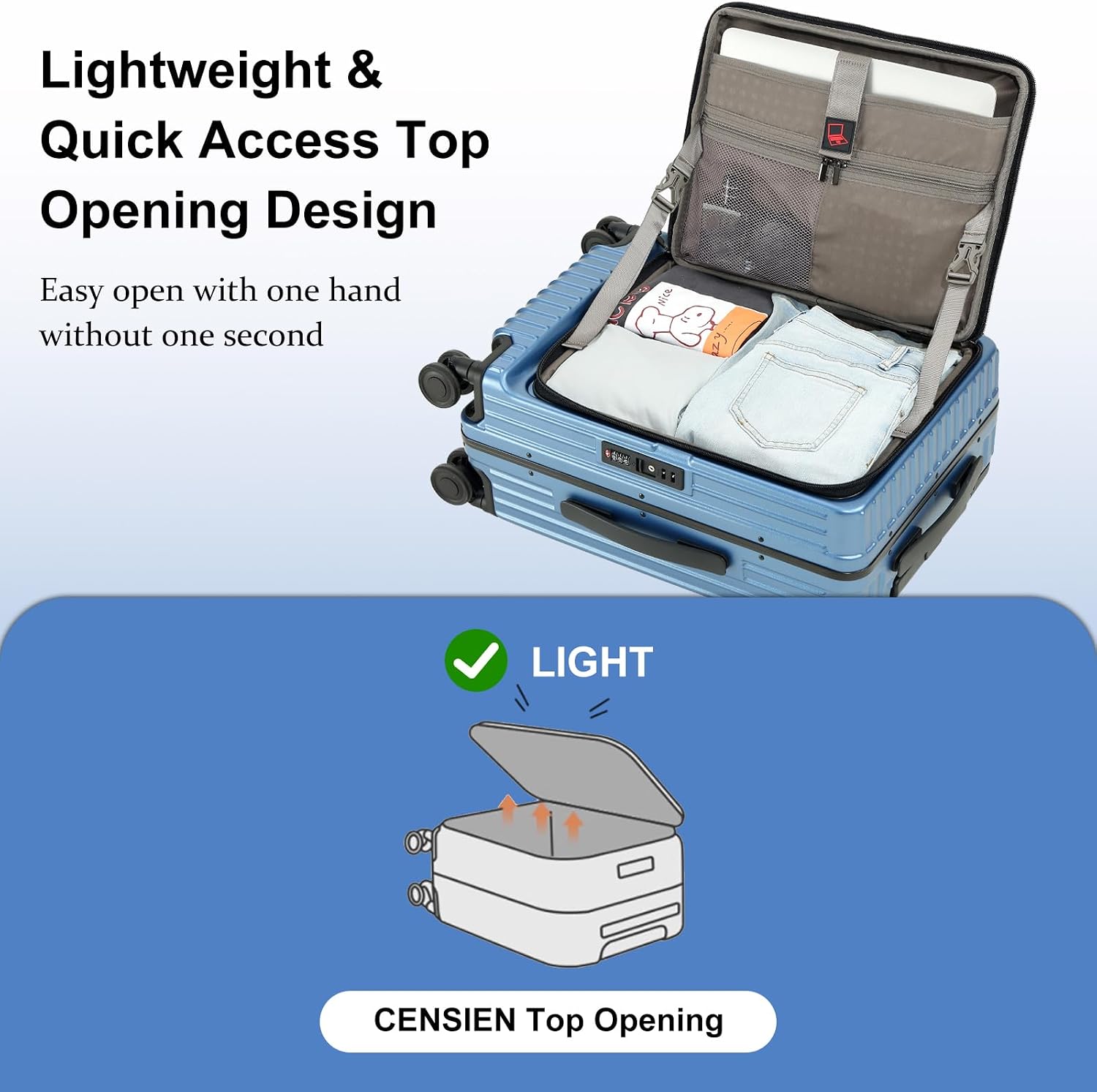 Carry On Luggage with Spinner Wheels, 20 Inch Airline Approved Suitcase, Lightweight ABS+PC Hard Shell Suitcases with Aluminum Frame, Top Opening, TSA Lock (Blue, 1 PC)