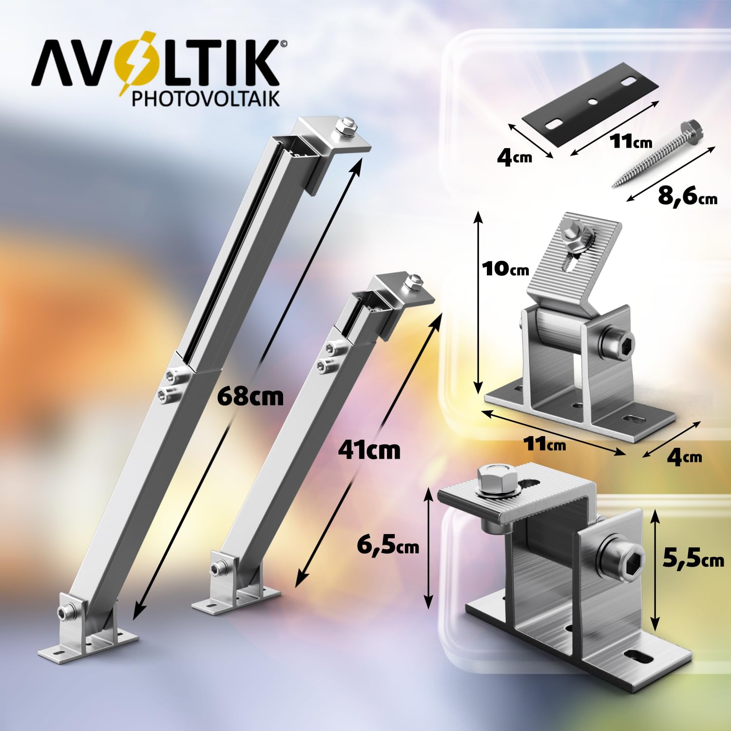 Avoltik 2x Solarpanel Halterung I Solarmodul-Halterung Balkonkraftwerk aus Aluminium I Solarmodul Aufständerung mit verstellbarem Winkel 15-30° für Dach, Balkon, Boden I Halterung für zwei Solarmodule