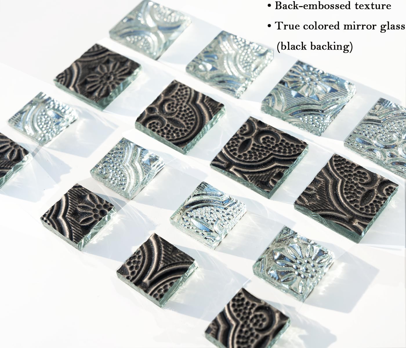 Textured Colored Mirror Mosaic Tiles, 500G Silver Mosaic Squares for DIY Art and Crafts Supplies, Assorted Size Classical Morisco Pattern Tiles for Glass Making Project
