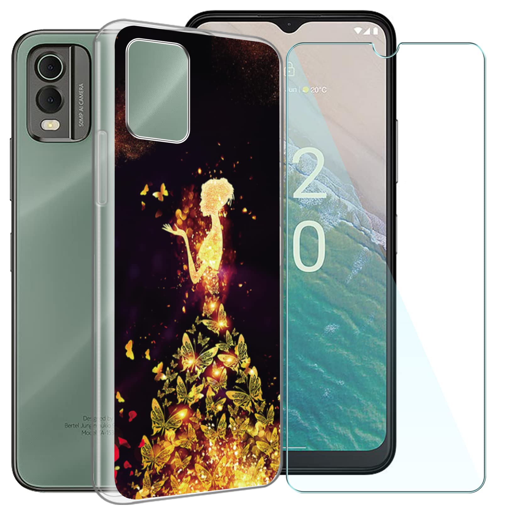 LCEHTOGYE Cover per Nokia C32 + Pellicola Protettiva in Vetro Temperato,Trasparente Custodie Morbido Silicone Case Ultra Sottile TPU Custodia per Nokia C32 (6,5