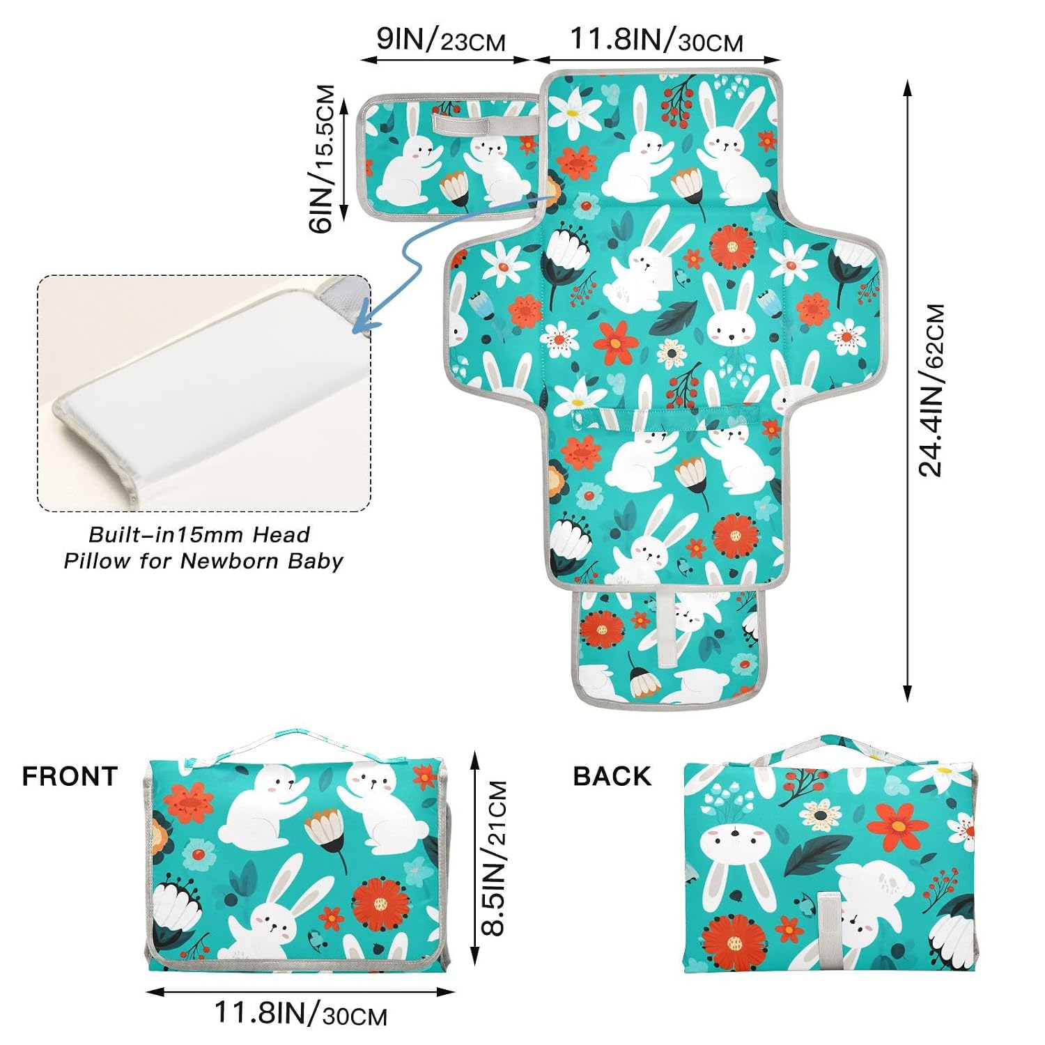 Flower Berry Teal Blue Portable Diaper Changing Pad image 4