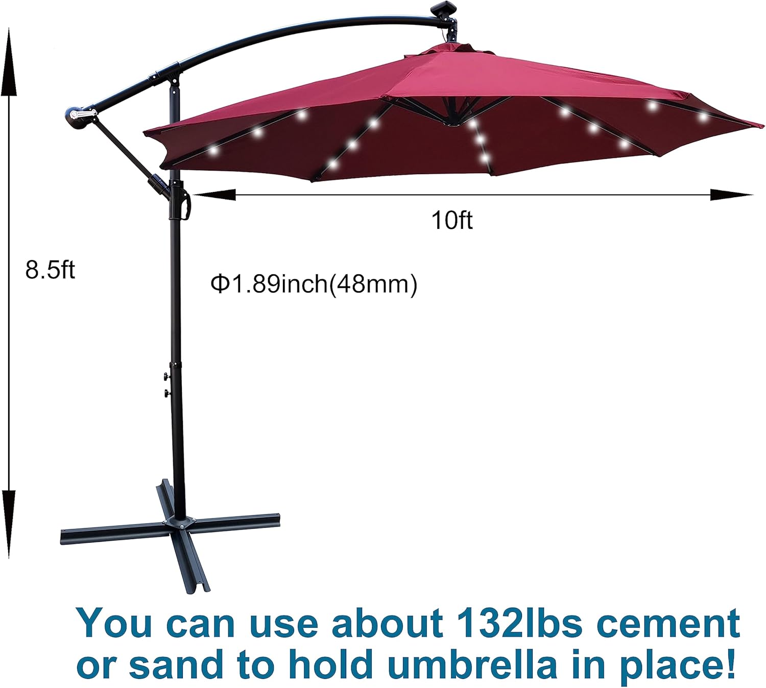 10FT Patio Umbrella, Outdoor Offset Umbrella with Cross Base and Crank, Cantilever Umbrella with Solar Lights, Hanging Market Umbrella with Sturdy 8 Rids for Pool, Deck, Backyard, Porch (Burgundy)