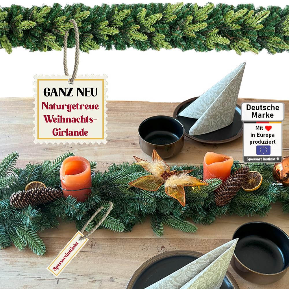 Weihnachtsgirlande künstlich 150 cm I Naturgetreue Nachbildung mit Spritzguss Elementen, Weihnachtsdekoration für Innen, Draußen + Eingangstür Halterung I ohne Deko (Grün, 270 cm)