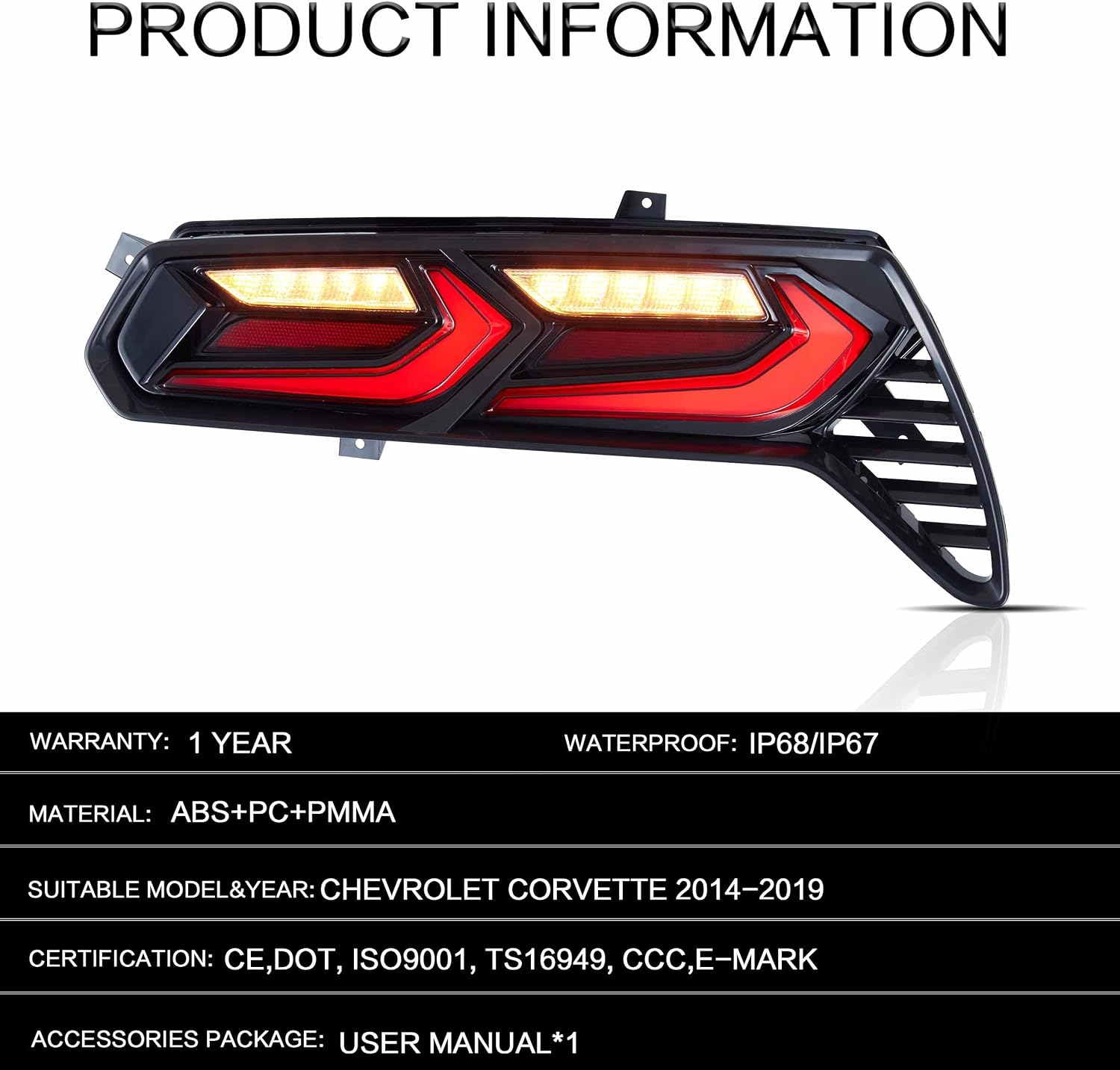 VLAND LED Tail Lights Compatible with Chevy Corvette C7 2014-2019, Rear Light with Startup Animation and Sequential Turn Signal, Red
