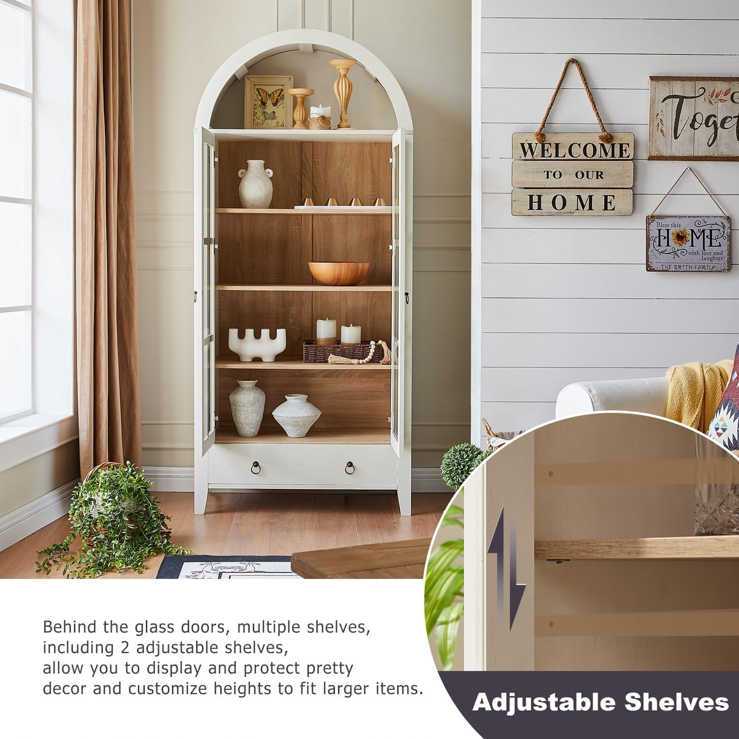 70" Tall Arched Cabinet, Modern Farmhouse Wooden Display Cabinet with Glass Doors, 6 Tier Bookshelf with Adjustable Shelves for Living Room, Office, Antique White