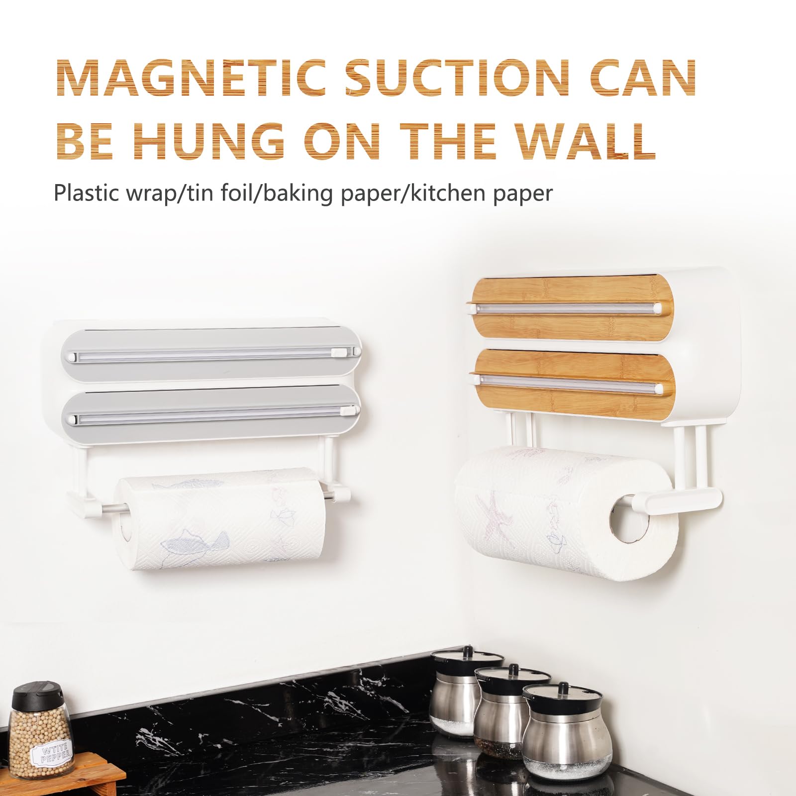Motif Bambou Derouleur Film Alimentaire, Magnétique Distributeur Papier Aluminium et Film, Distributeur Film Alimentaire avec Un Couteau Bien Aiguisé, Derouleur Essuie Tout Murale pour Cuisine