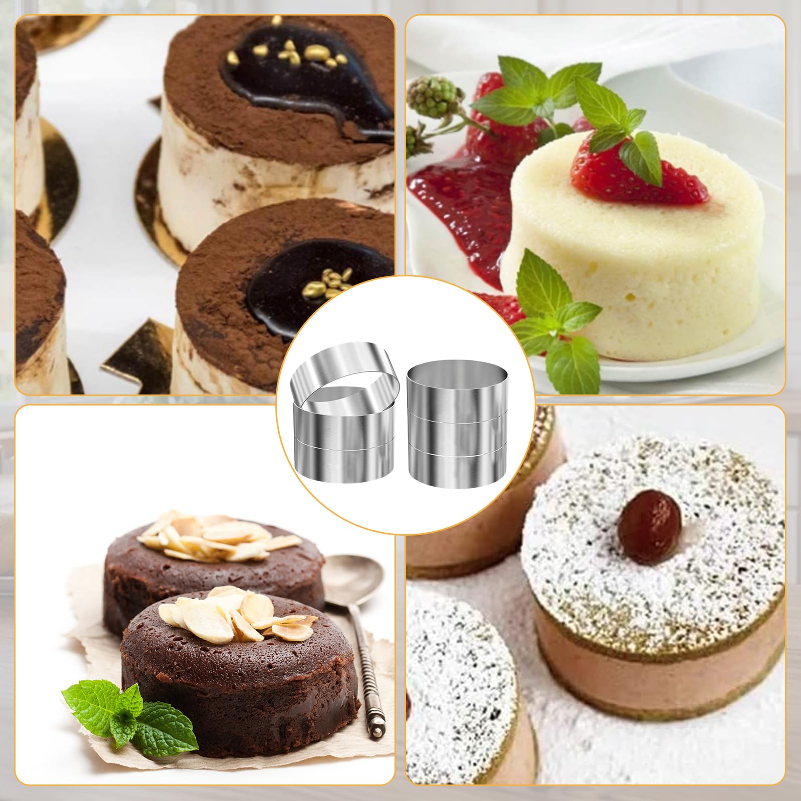 6 anelli per hamburger Ø 10 cm – 10 x 4 x 0,1 cm in acciaio inox, anelli da dessert e set di anelli per cuocere, cucinare, dessert, mousse, dolci, mini torte, muffin