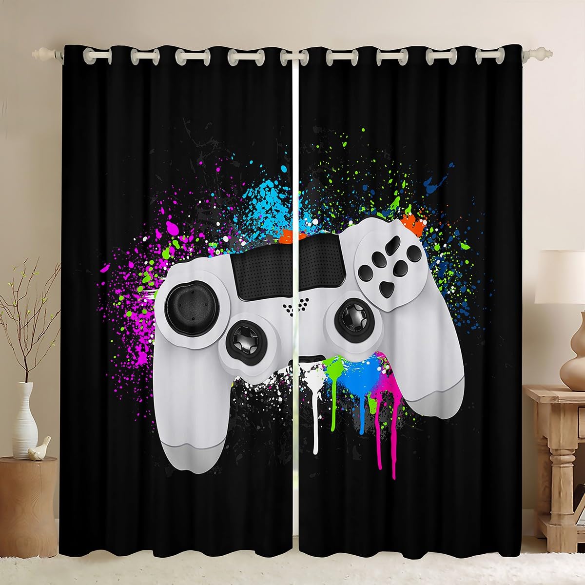Homemissing Kids Game Curtains Gamer Window Childre White Video Game Controller Window Drapes Teens Colorful Tie Dye Curtain Black W46*L72