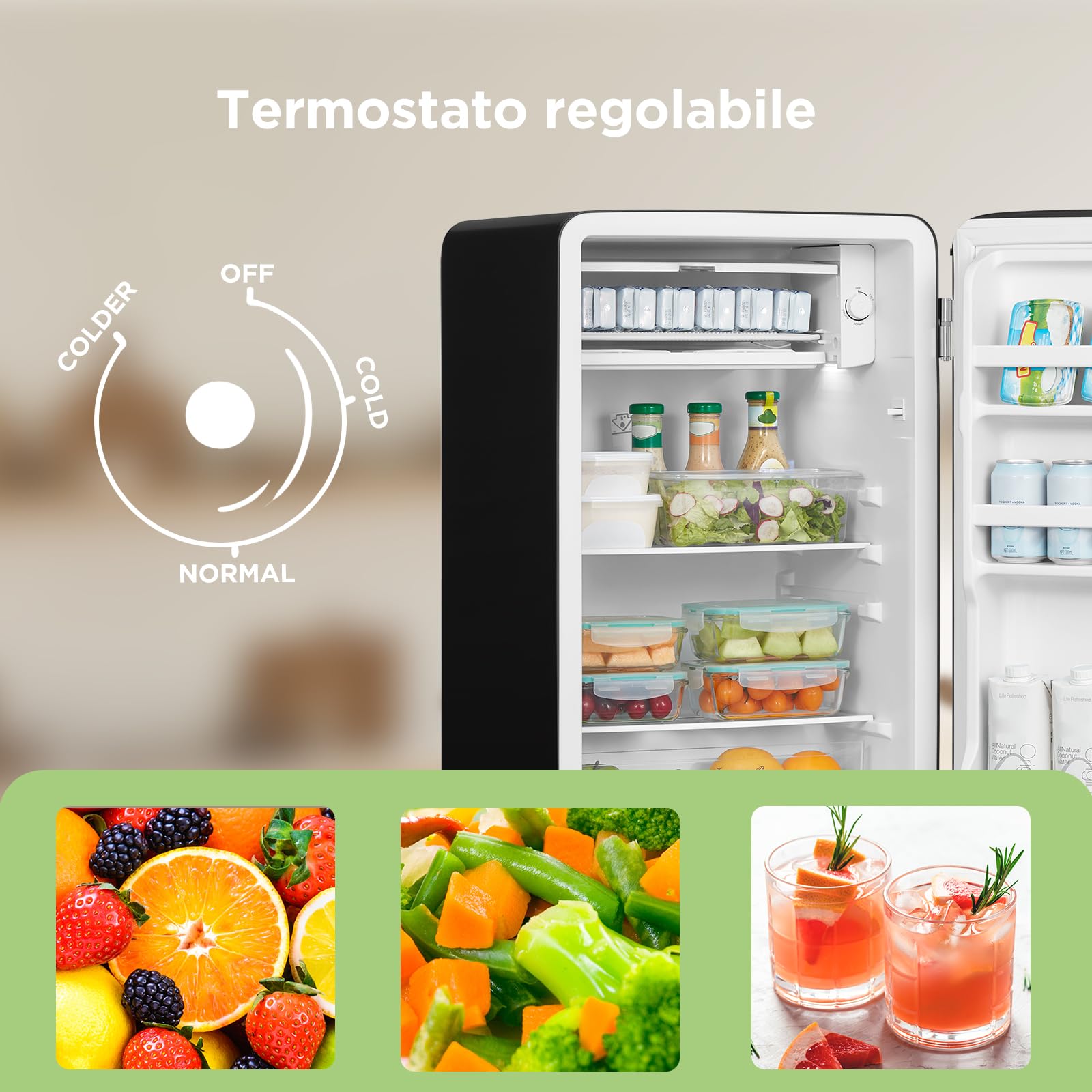 COMFEE' RCD93BL2EURT(E) Piccolo frigorifero 93Litre, Design retrò, Mini frigo da tavolo, Termostato regolabile, Silenzioso, Adatto per casa, ufficio e hotel, Nero