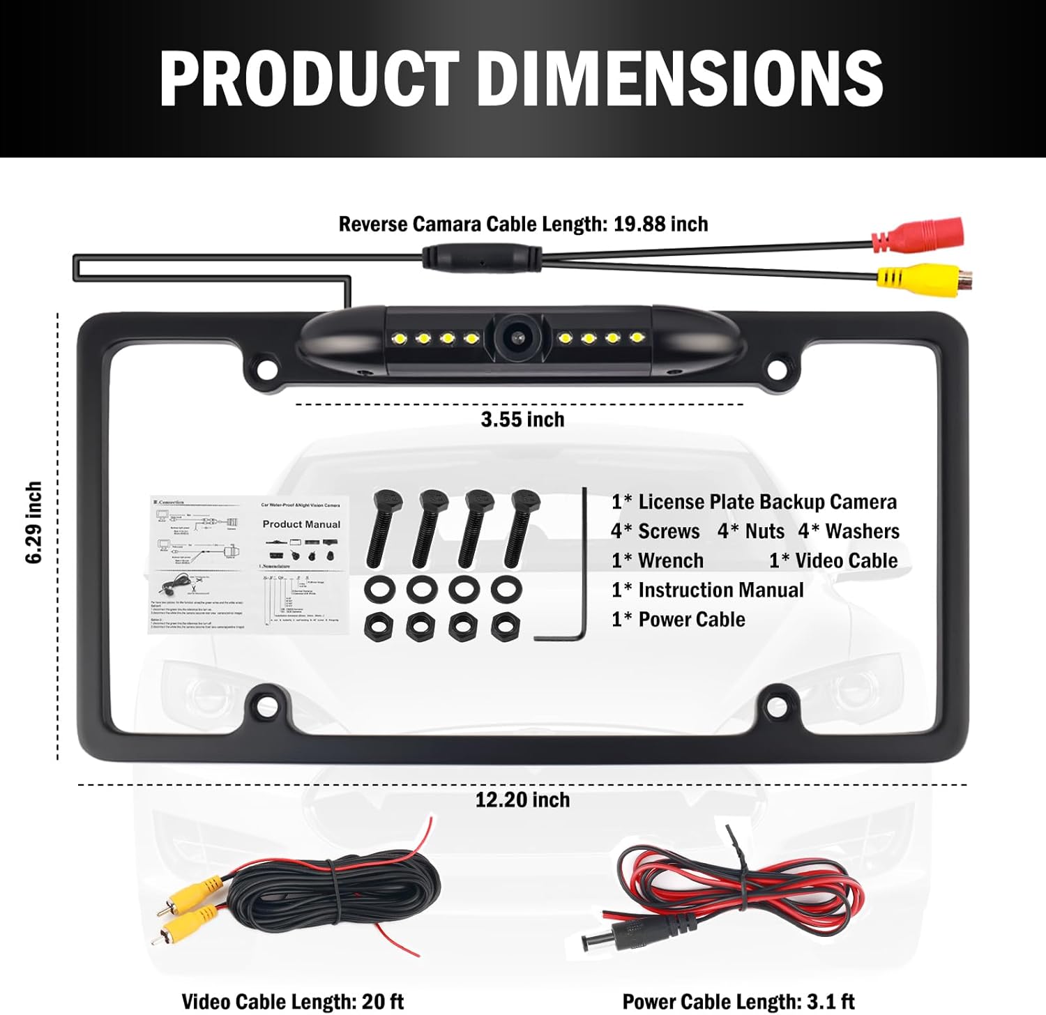2026 New License Plate Backup Camera with 8 LED Lights,Waterproof License Plate Reverse Camera with 170° Wide Angle & Night Vision,Universal Back up Cameras Licenses Plates Mount