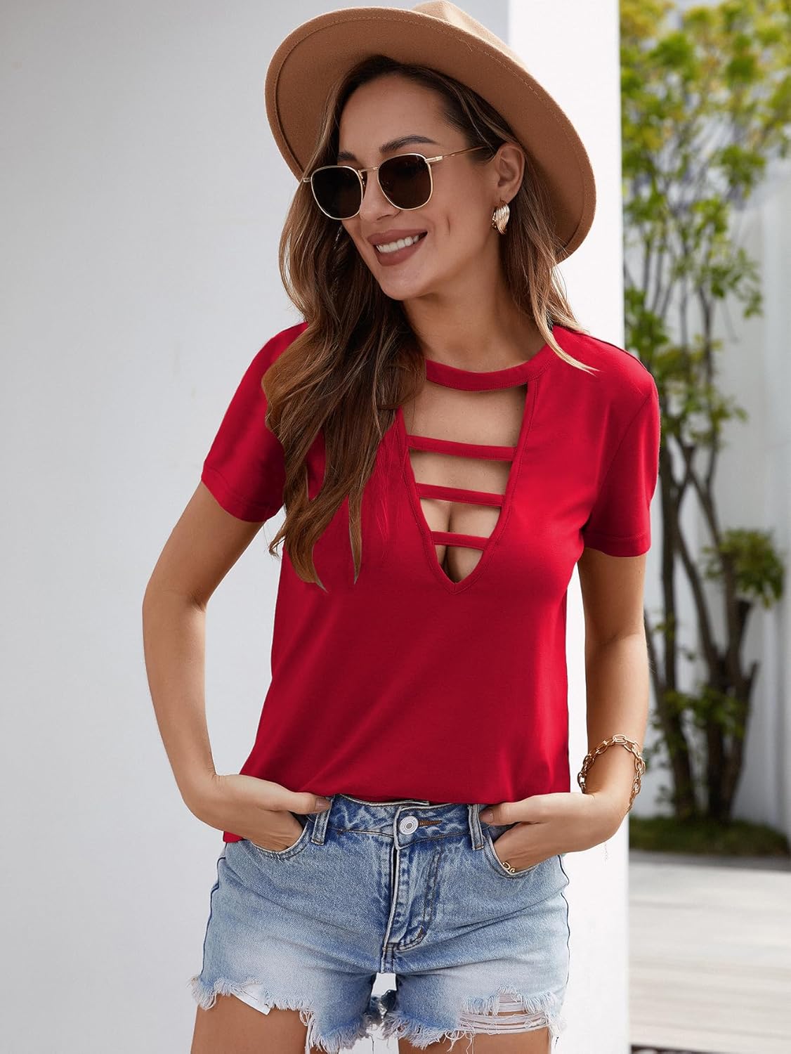 OYOANGLE Women's Cutout Deep V Neck Choker Tee Short Sleeve Summer Tunic Tops Shirts - Image 6