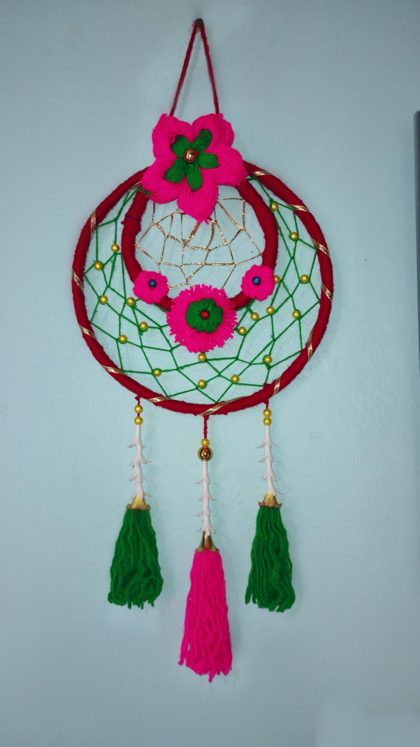 Home Decor Woolen Wall Hanging Crafts,Handmade Decorative, 9 inch Breadth, Red, Green, Pink-image-40