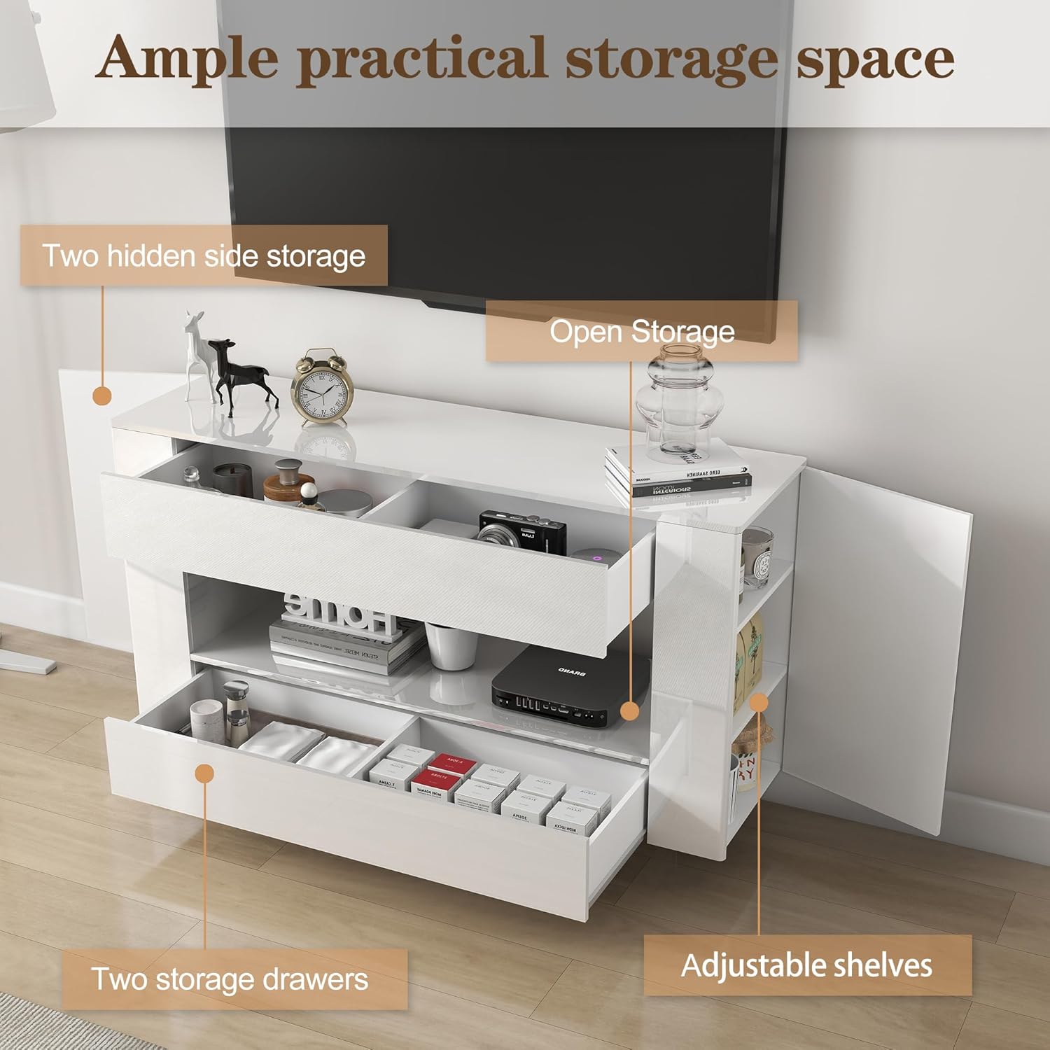 High Gloss TV Stand for 55 Inch with 2 Large Drawers & Hidden Storage Cabinets, Modern Entertainment Center Television Stands for Living Room Bedroom, White