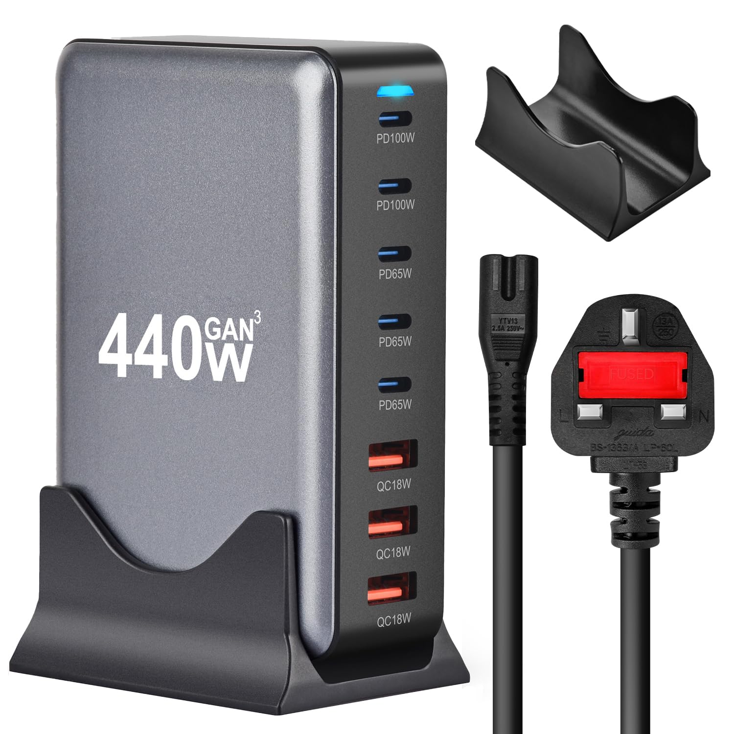 Necomi 440W USB A&USB C charging station,5 Type-C Ports 【2×100W, 3x 65W】 and 3 USB Ports 【QC18W】 charge charging station C-type hub,GaN Technology,Fast Charge Wall Plug with 1.5m Power Cord Black