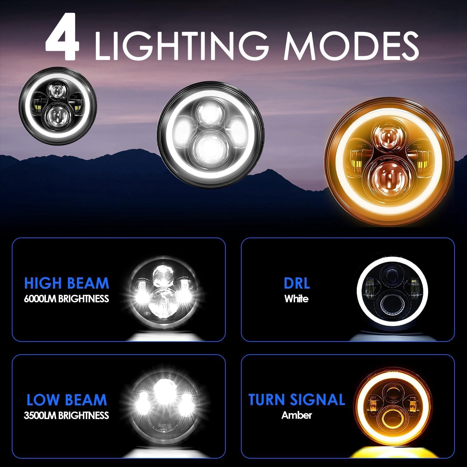 7" Round LED Headlight, 2PCS 6000LM Round LED Headlamp with Halo Ring Angel Eyes with H4 to H13 Adapter for Jeep Wrangler TJ JK CJ, Plug and Play