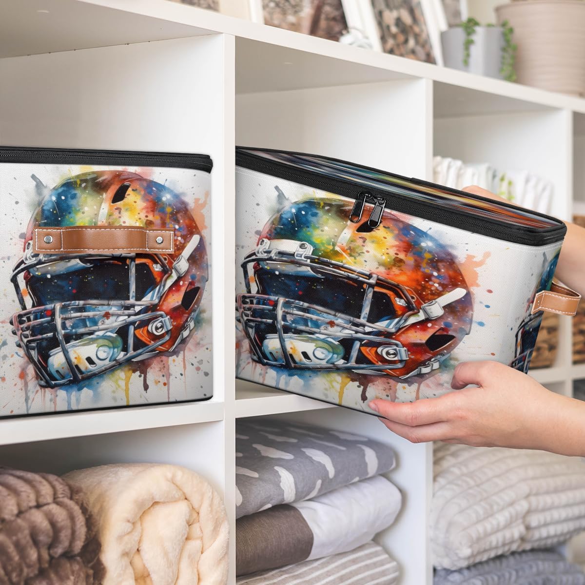 Storage Bin Set of 2 Sports Baseball Storage Basket with Zipper Lid & Handle Foldable Closet Shelf 2 Pack Cloth Organizer Basket Cube Bins Clothes Organizer for Nursery, Bedroom