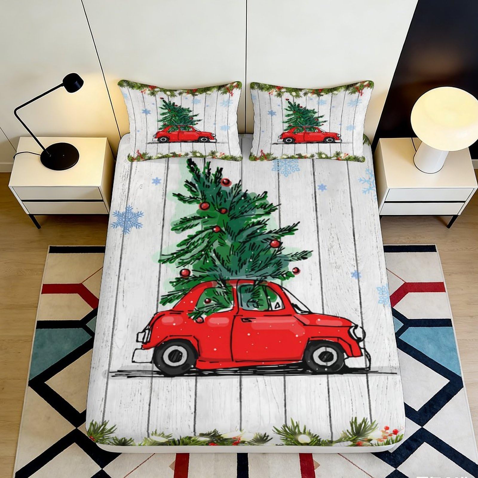 3D Printed Christmas Car Fitted Sheet Microfiber Breathable Non-Slip Deep Pocket Xmas Tree Mattress Fitted Cover for Bedroom All Ages 140x200x25cm