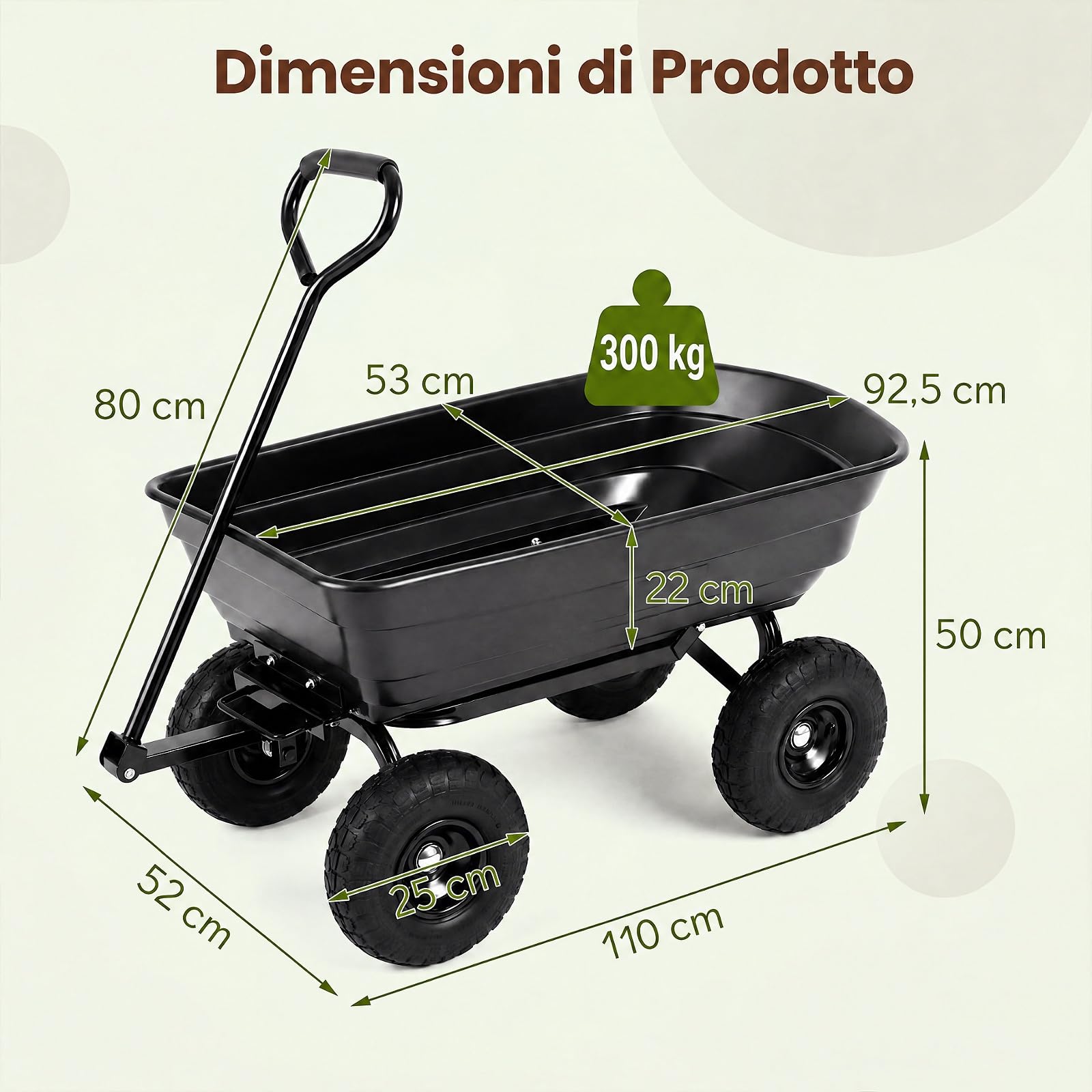 GYMAX Carrello da Giardino Ribaltabile 75 L, Portata 300 kg