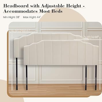 Upholstered Headboard Adjustable Height Queen/King Headboard Cream Velvet Tufted Modern Vertical Channel Design with Stepped Silhouette Top Edge(Beige Queen)