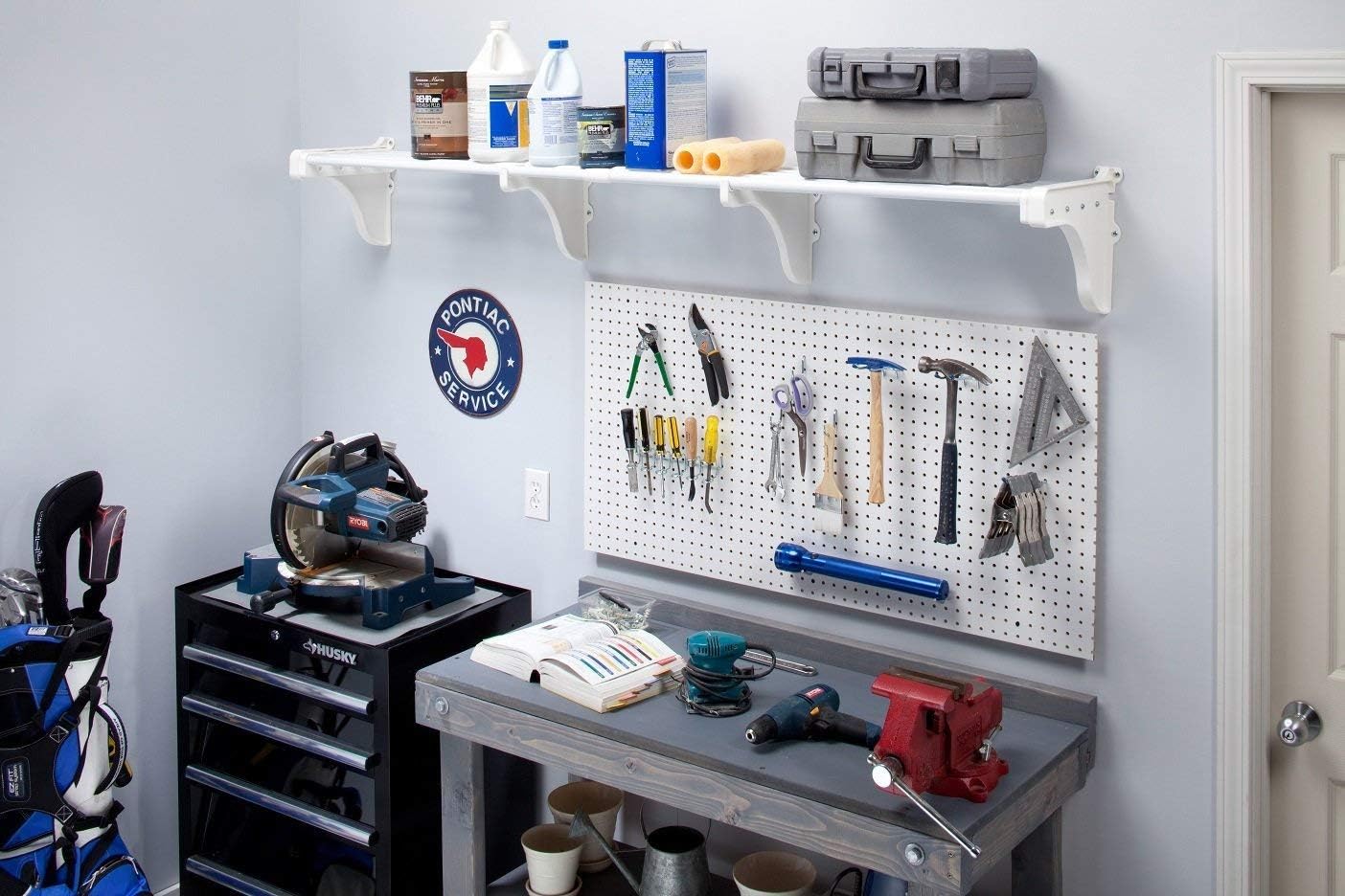 EZ Shelf-Expandable-Garage Shelf- -White- Easy to Install -Strong (up to 250 Lbs)- Wire Shelving Alternative –Wall Mounted Garage Shelf Organizer (White, 63.3"-120")
