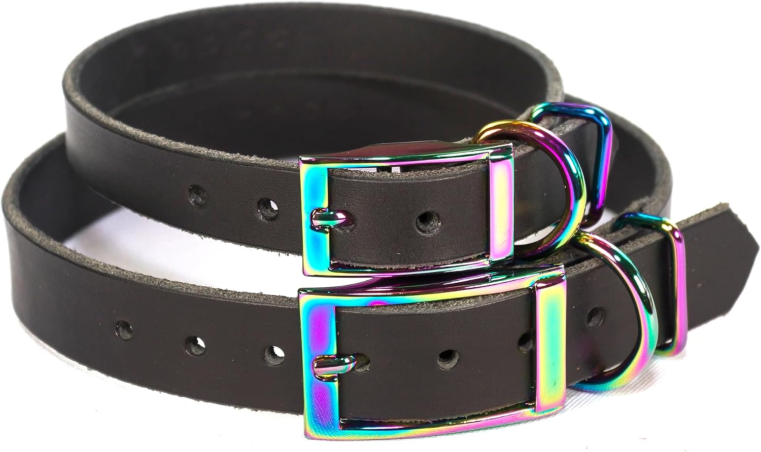 Handmade Star Studded Personalized Bridle Leather Dog Collar, Rainbow Hardware, Embossed Name (Black)