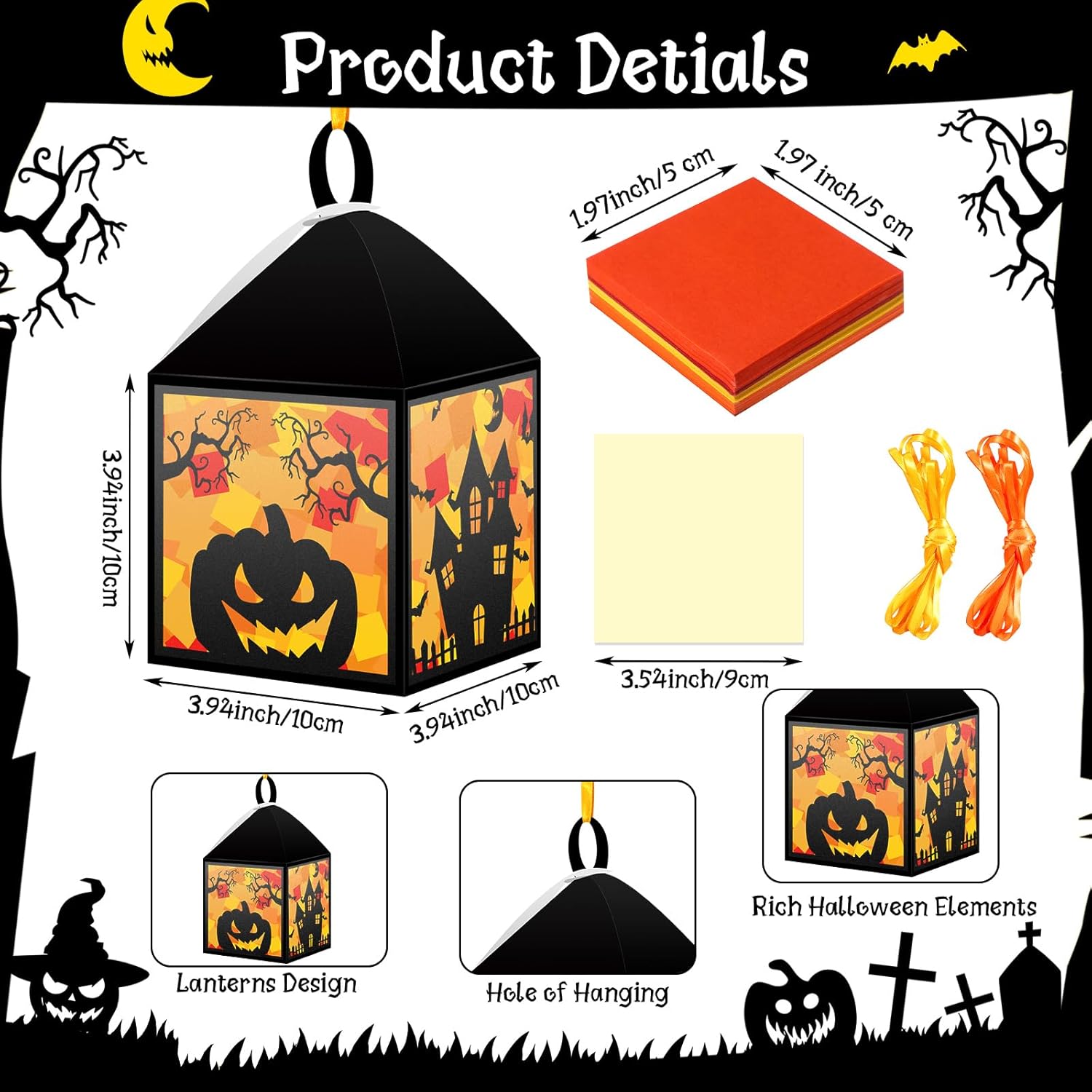 Pajean 16 Sets Halloween Lantern Crafts Set Halloween Suncatchers Tissue Paper Set DIY Pumpkin Cat Spider Castle Glass Make Your Own Ornament for Window Classroom Art Party Decorations Gift