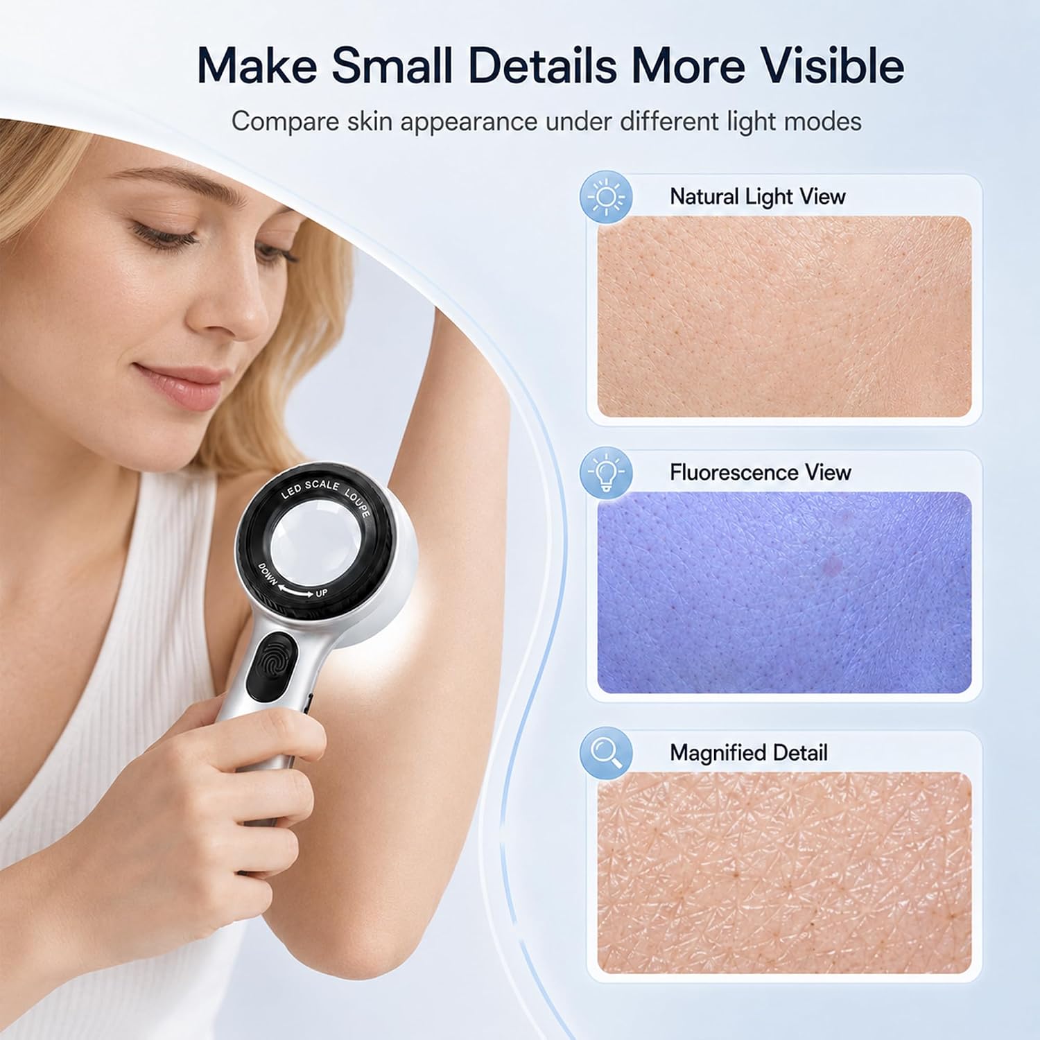 30X Handheld Dermatoscope Skin-Analyzer, 4 LED-Modes, with Zippered Pouch