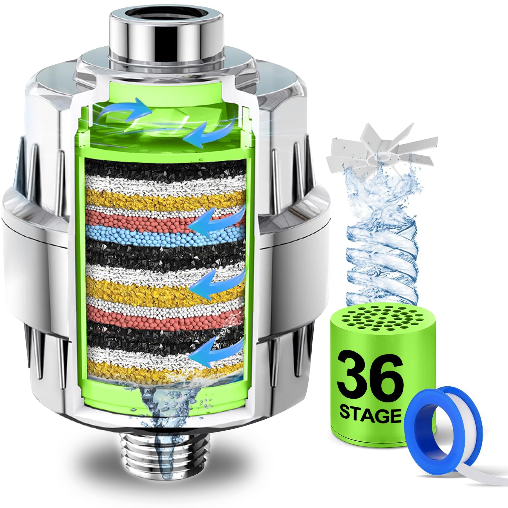 36-Stage Shower Head Filter with Vitamin C E for Hard Water-Upgraded Replaceable Cartridge,High Output Water Filter for Removing Chlorine and Fluoride, Hard Water Filter Shower Head–Improves Skin&Hair