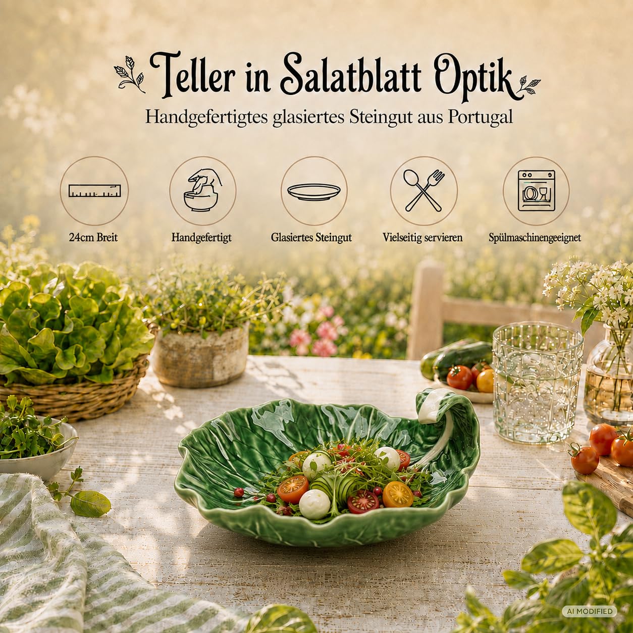 Salatschale 24cm Salatblatt Optik Grün Steingut Handgefertigt Keramikschale