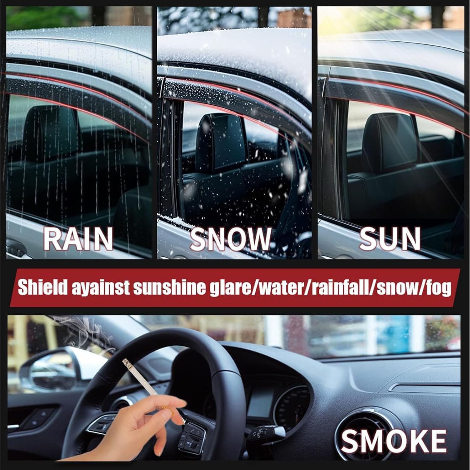 Three panels showing window visors in rain, snow, and sun, with a fourth panel showing a person smoking inside a car with the window slightly open